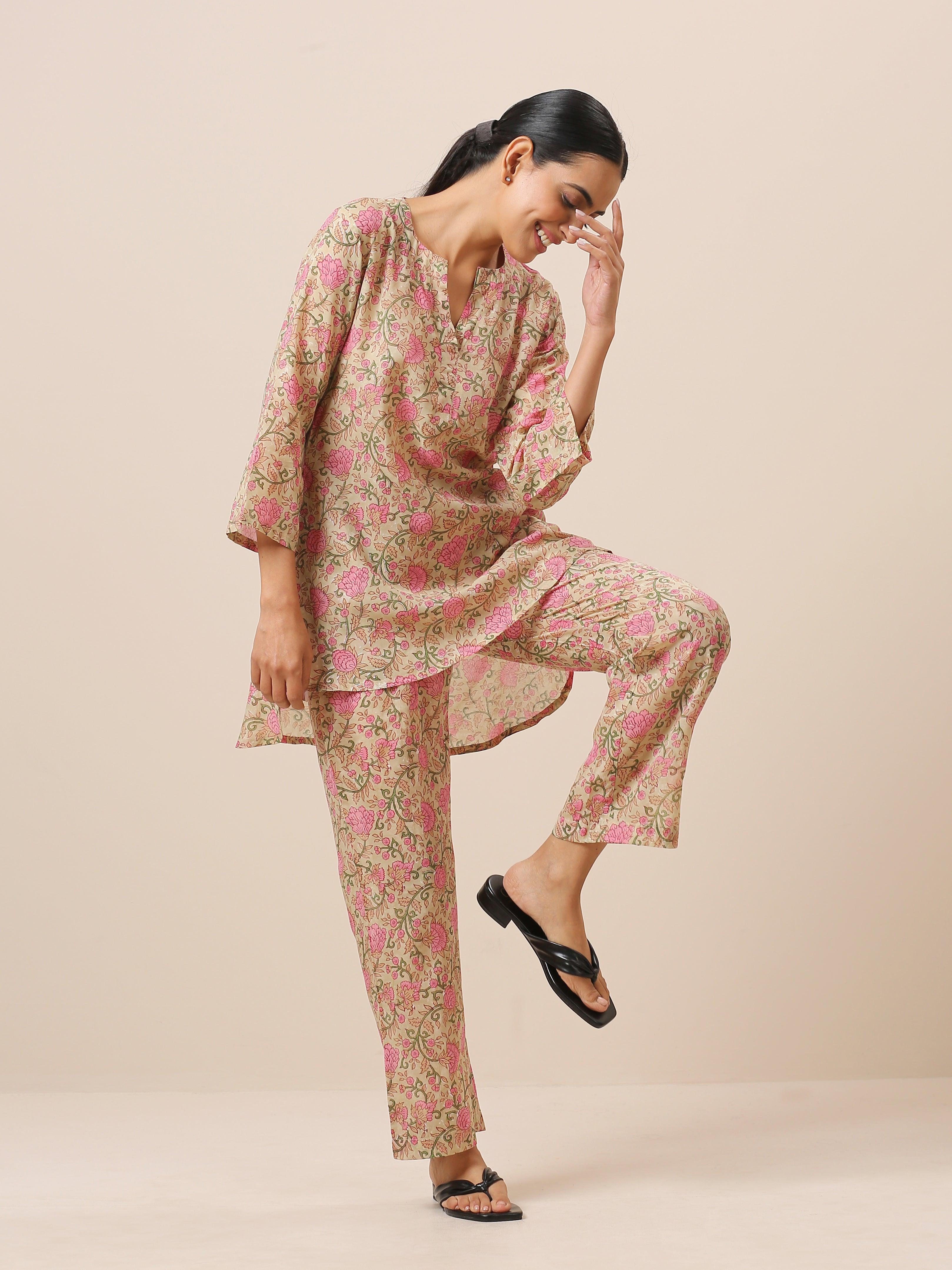 Cotton Hand Block Printed Green Pink Co-Ord Set - trueBrowns