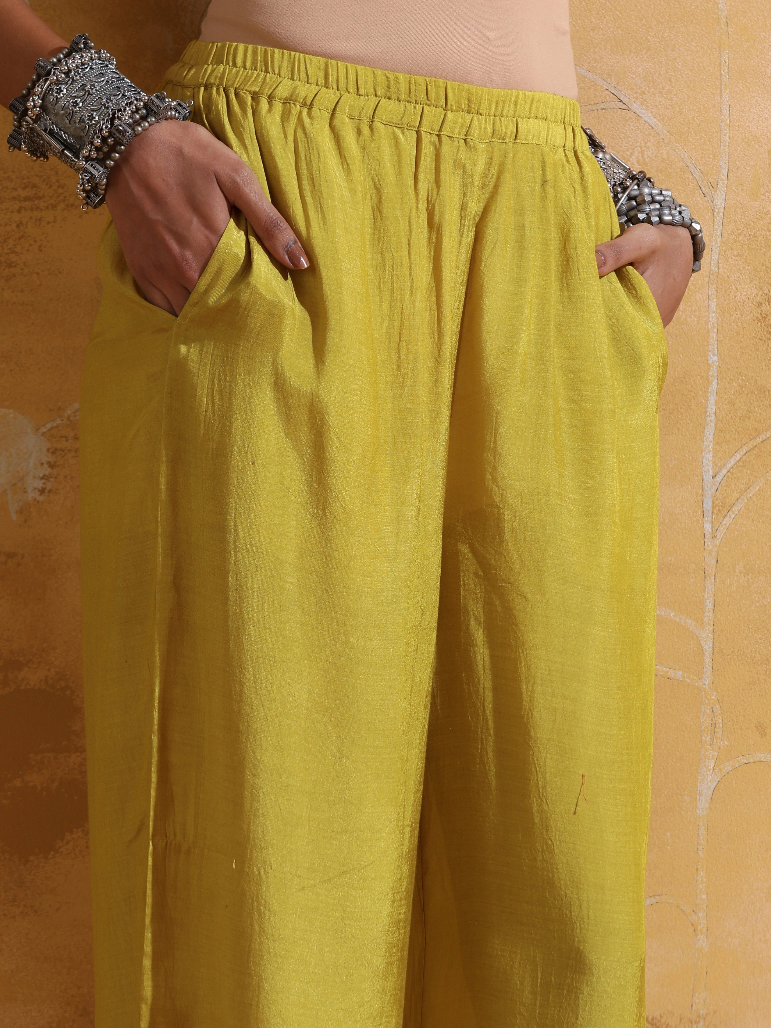 trueBrowns Lime Muslin Silk Co-ord Set with Flared Pants