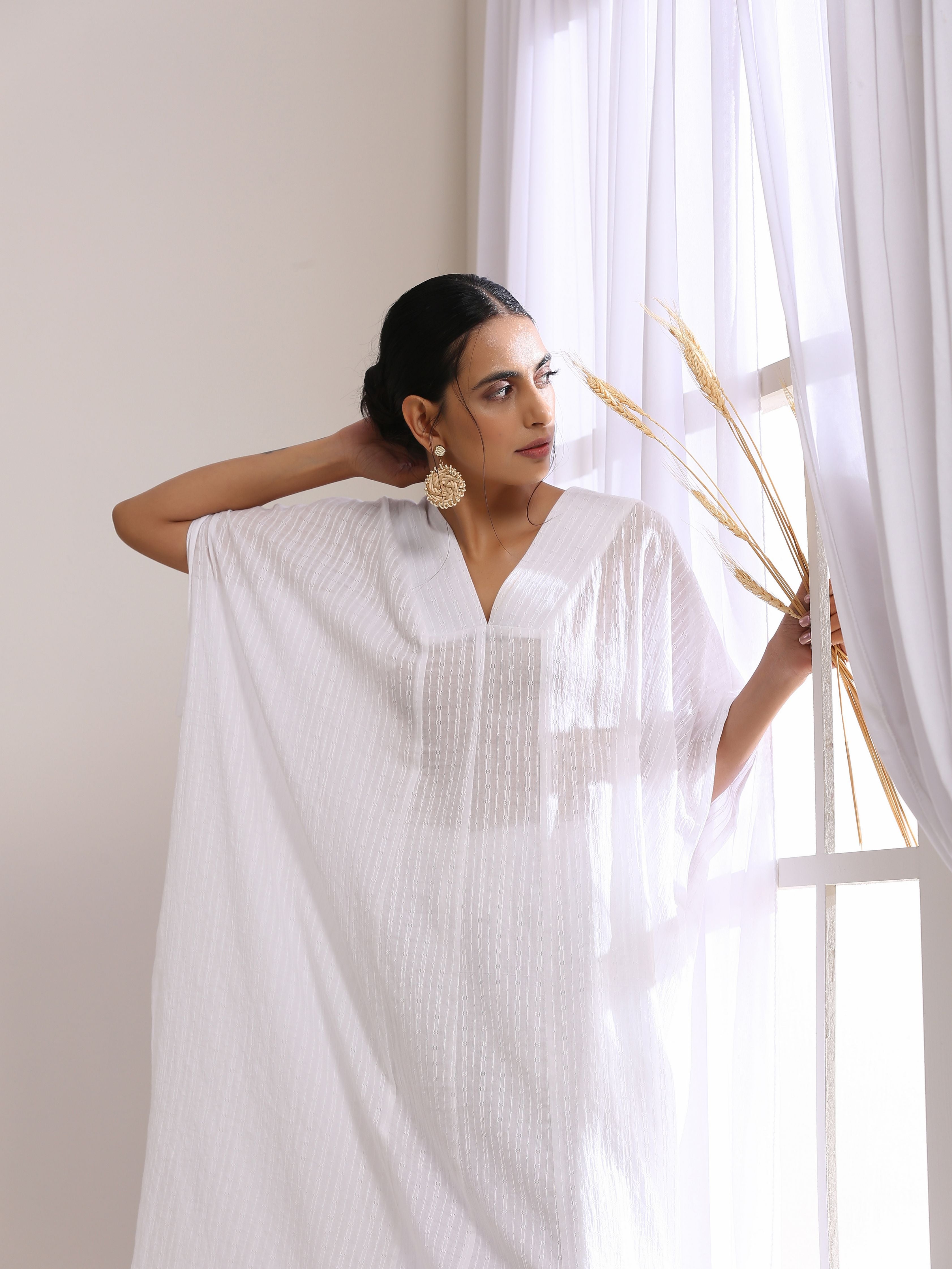 White Dobby Panel Kaftan Kurta Pant Set
