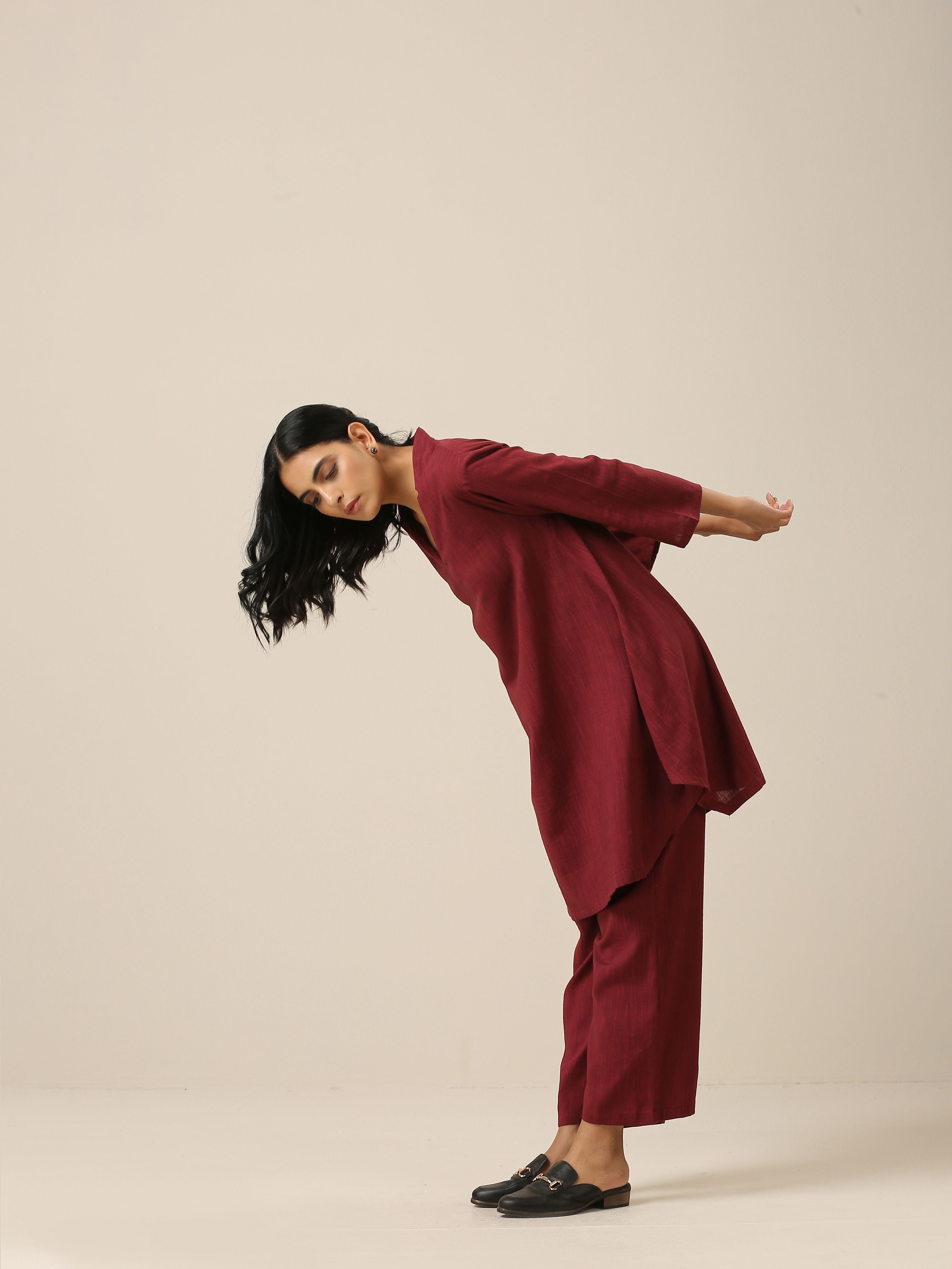 Ruby Wine Slub Textured Collar Co-Ord Set