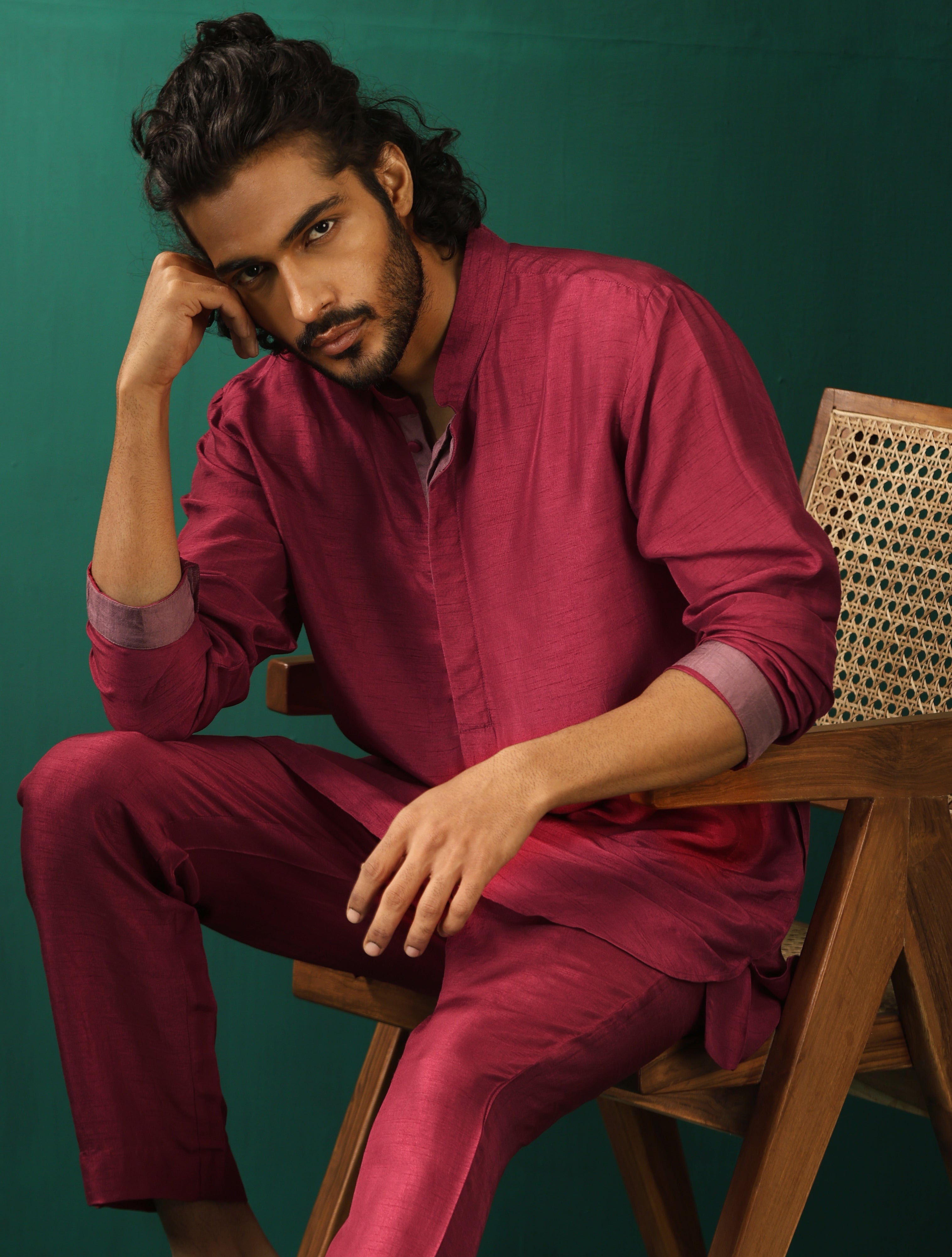 trueBrowns Men Purple Silk Co-ord Set