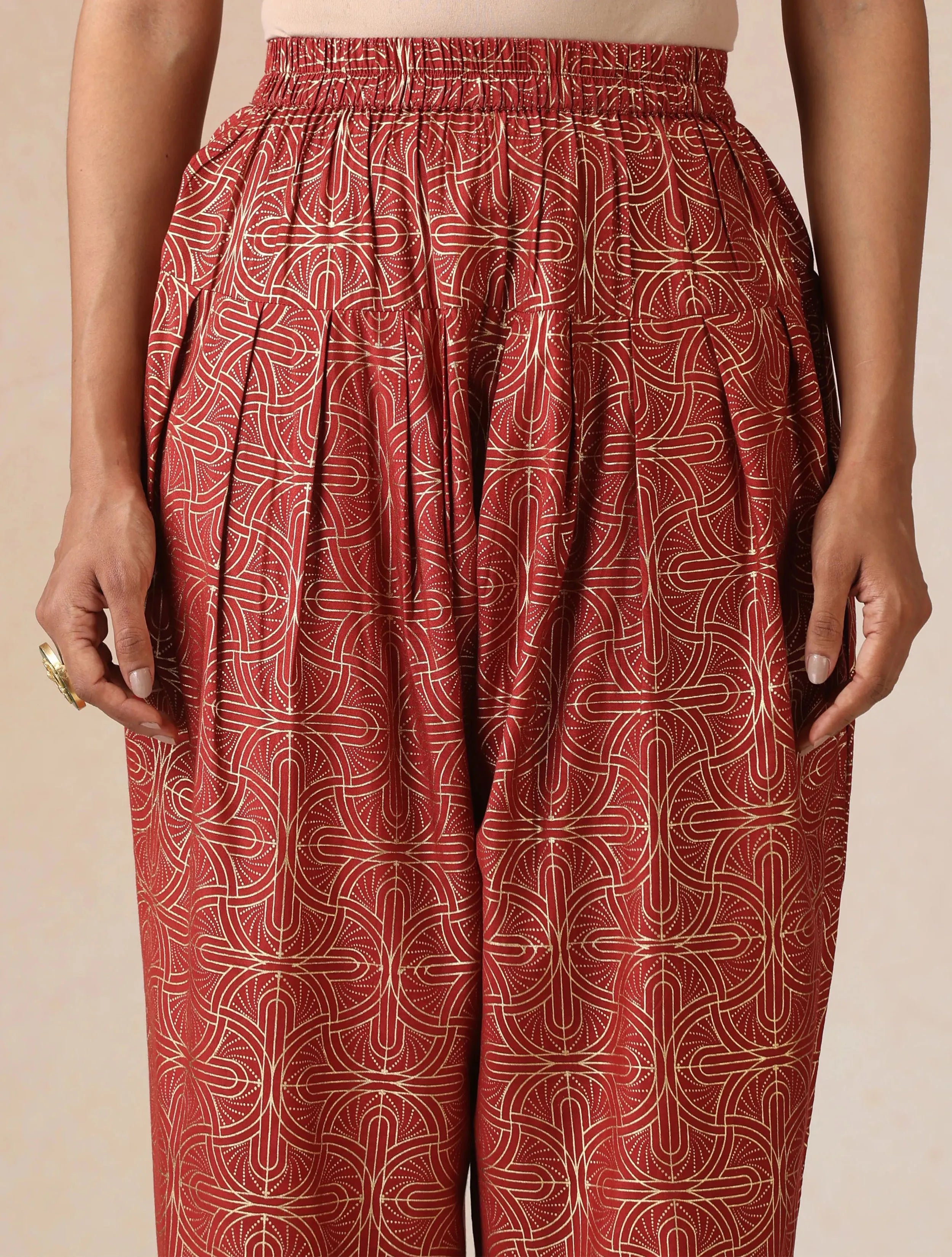 trueBrowns Mustard Gold Foil Print Muslin Silk Kurta Farsi Pants Set