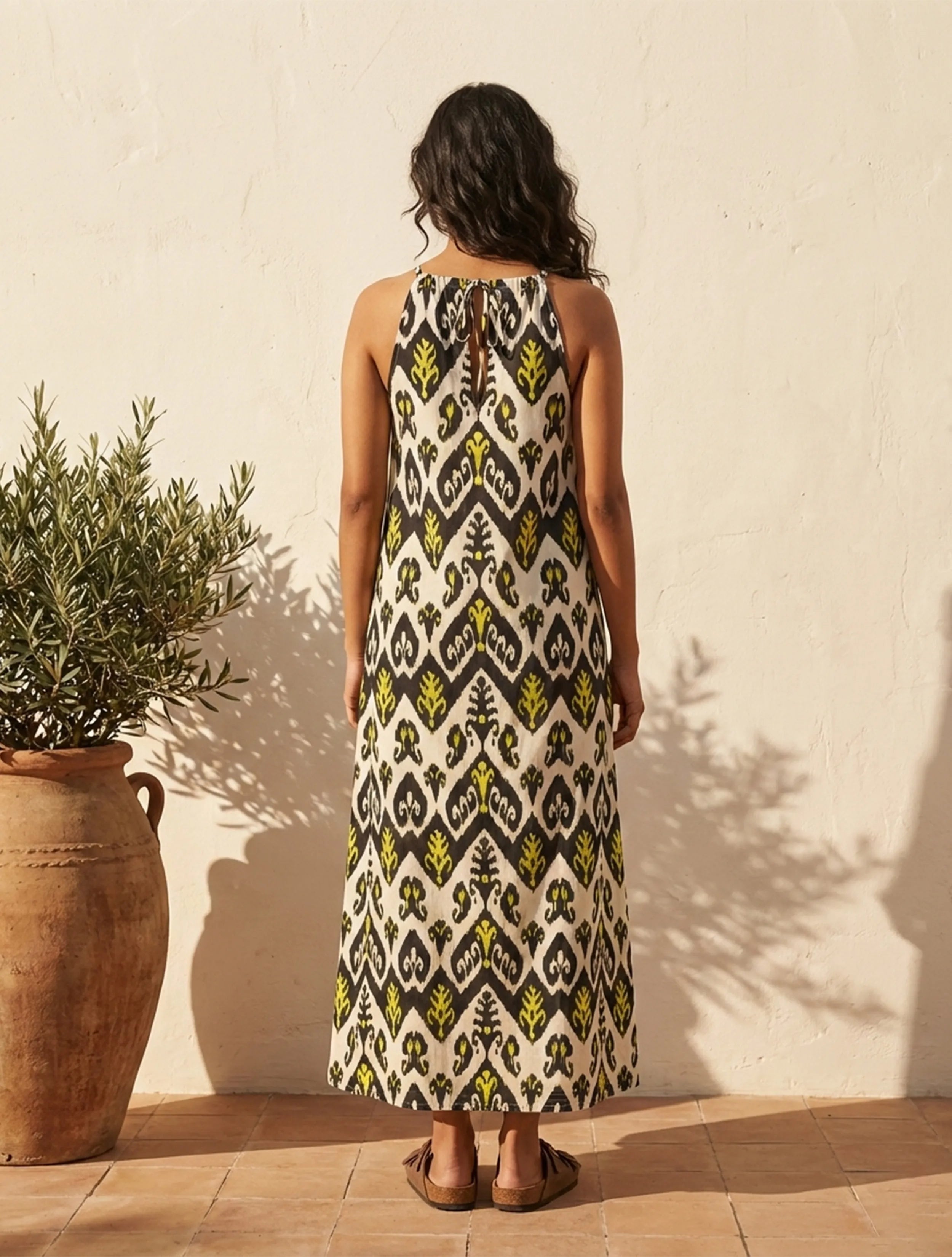 trueBrowns Black White Ikat Print Cotton Mull Long Dress