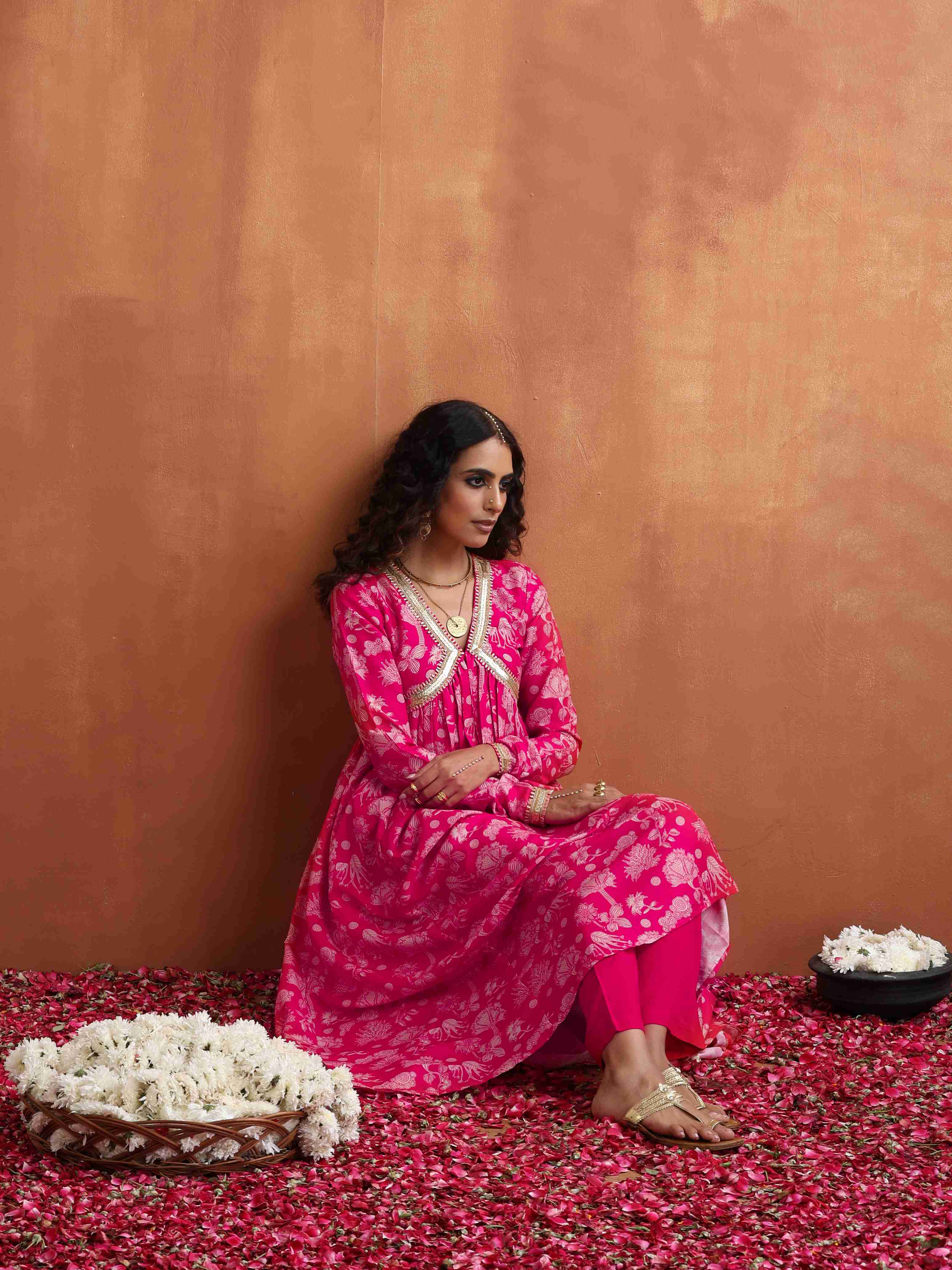 trueBrowns Red Print Flared Anarkali Kurta Set