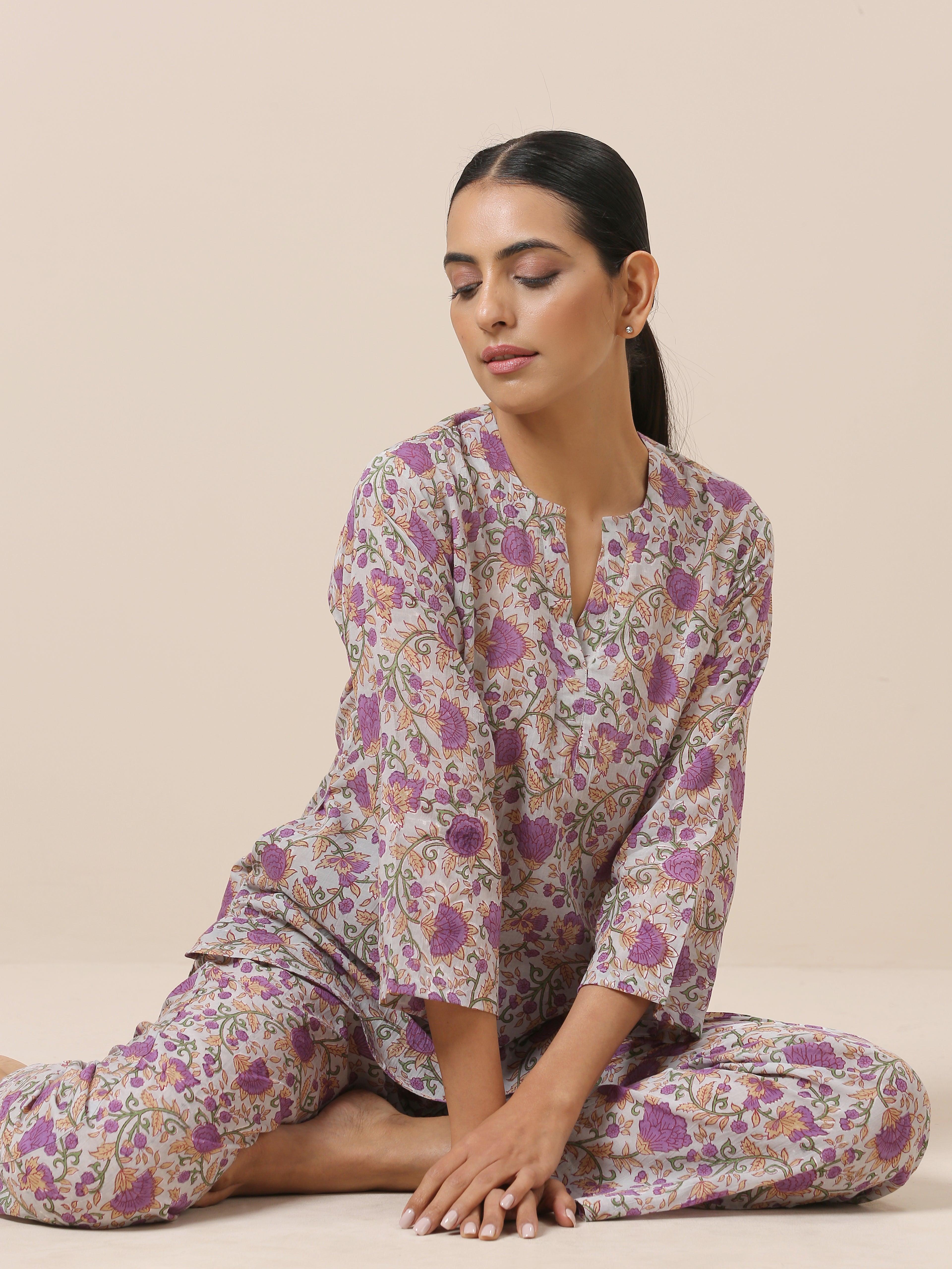 Cotton Hand Block Printed Purple Co-Ord Set - trueBrowns