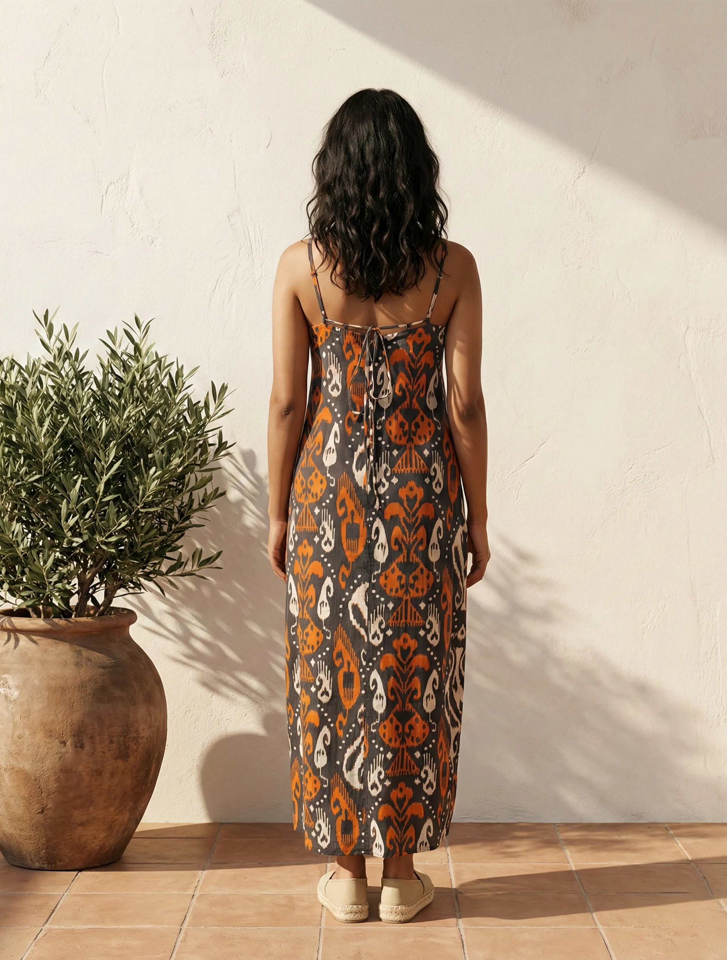 trueBrowns Cola Orange Ikat Print Cotton Mull Strappy Long Dress