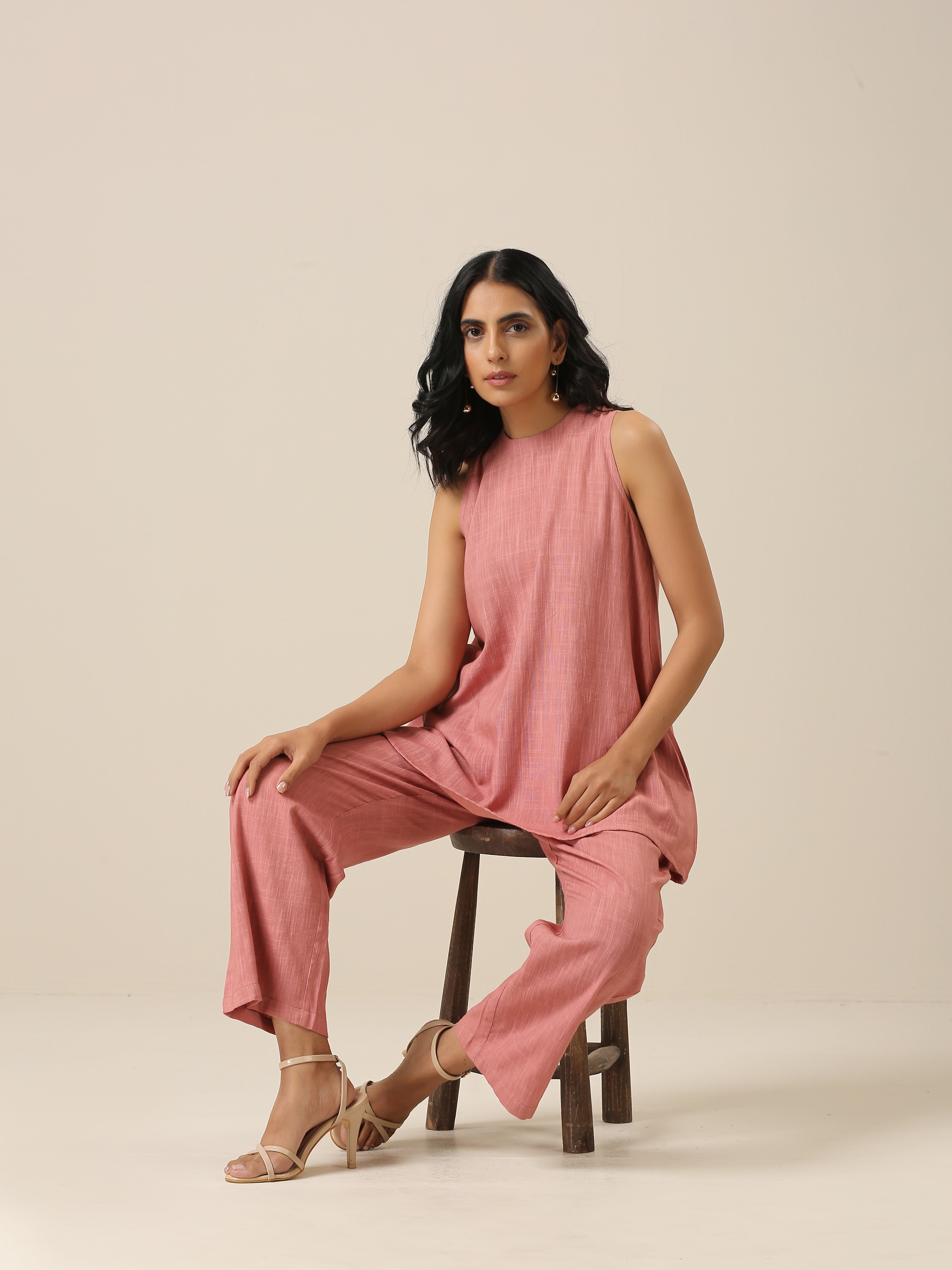 Light Mauve Slub Textured Sleeveless Short Co-Ord Set