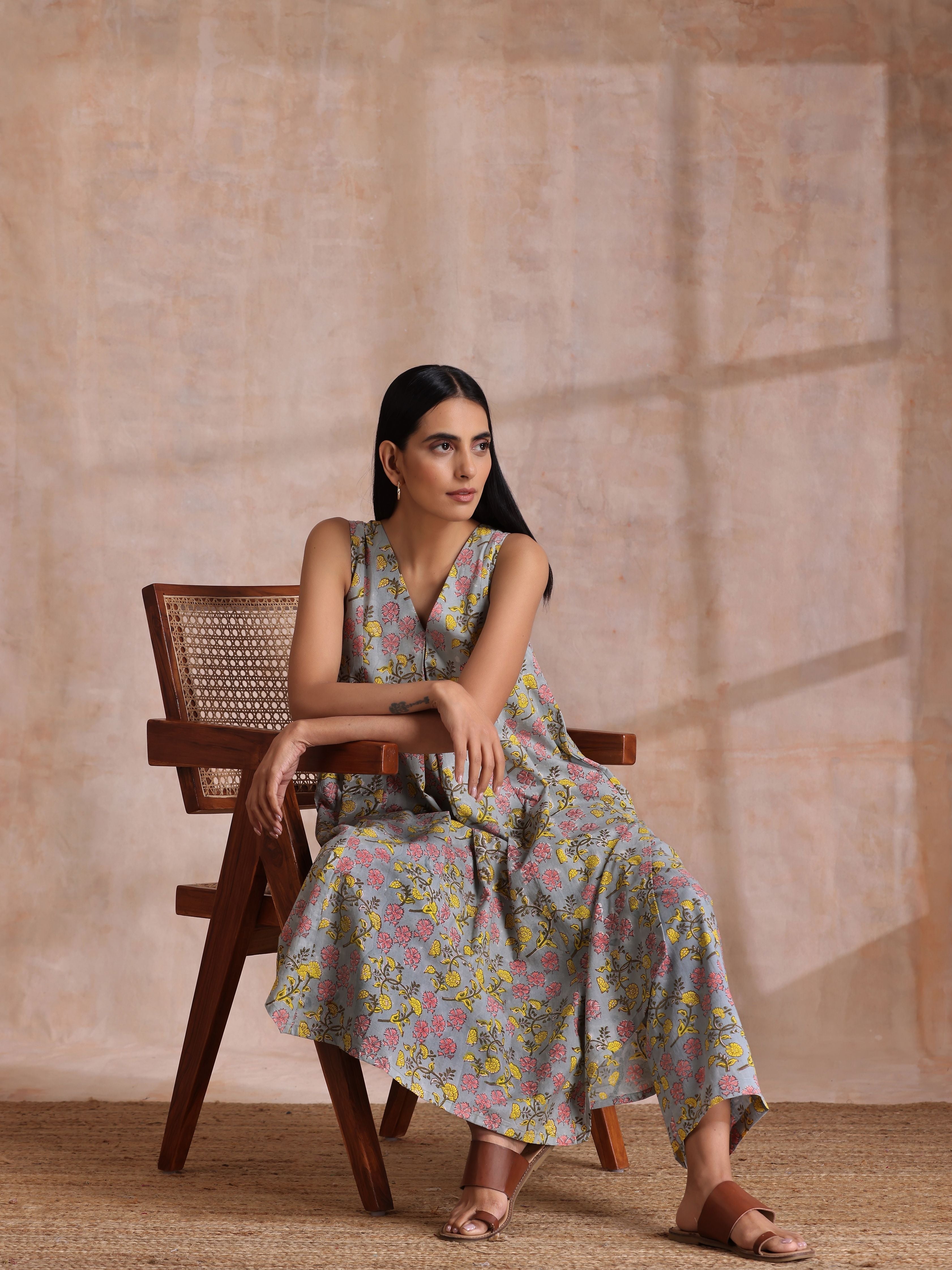Grey Overall Floral Block Print Cotton Sleeveless Flared Kurta Pant Set
