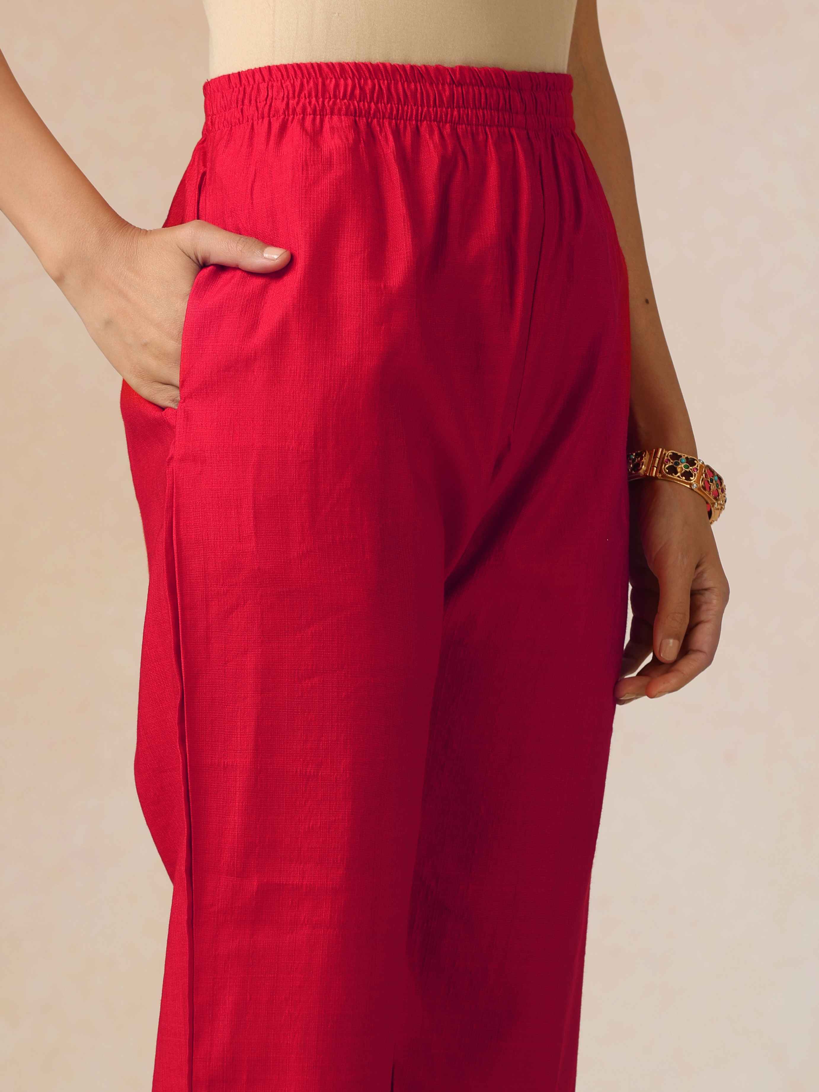 trueBrowns Red Embroidered A-line Kurta 3pc Set