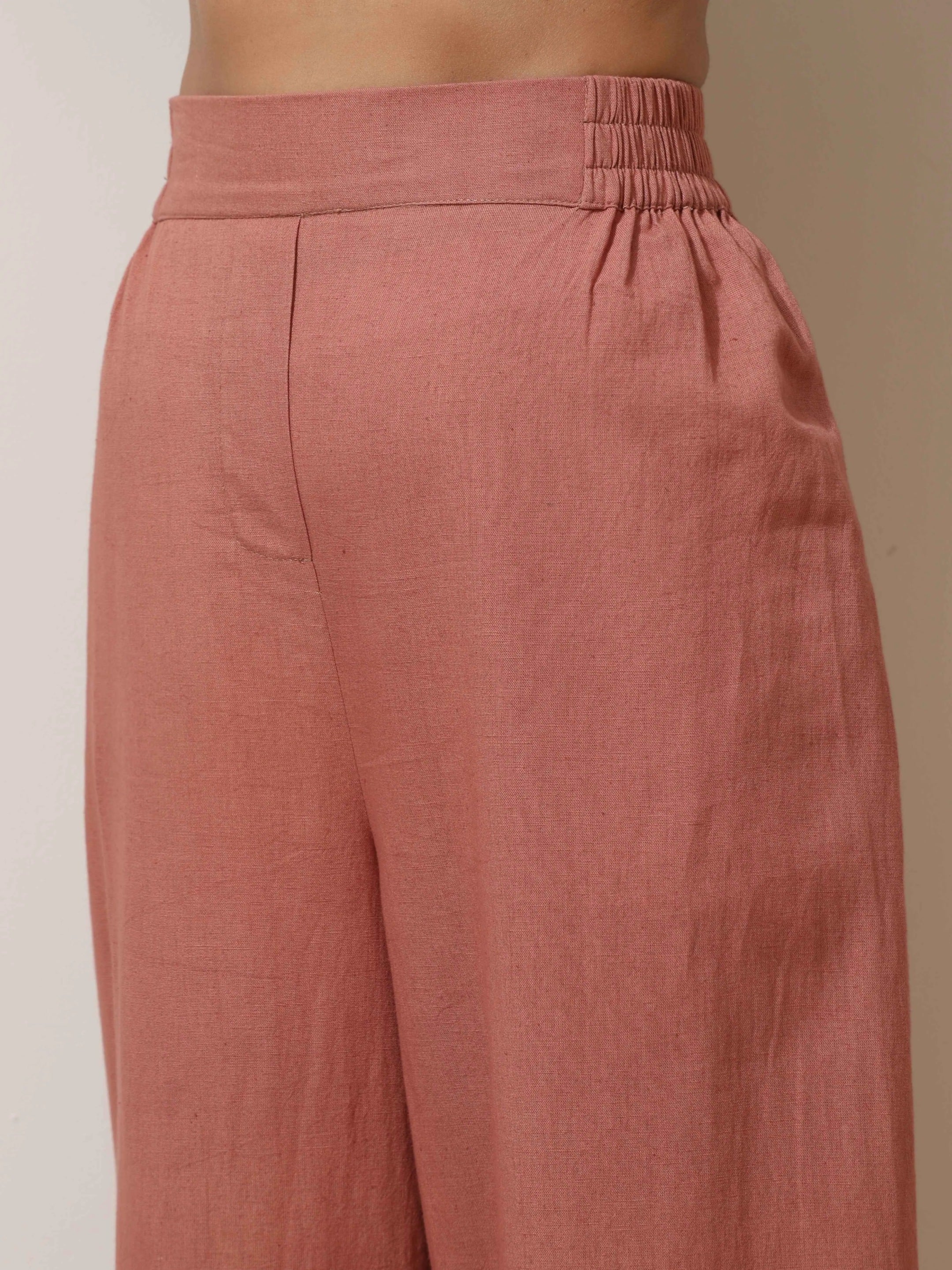trueBrowns Peach Cotton Linen Kurta Pant Set