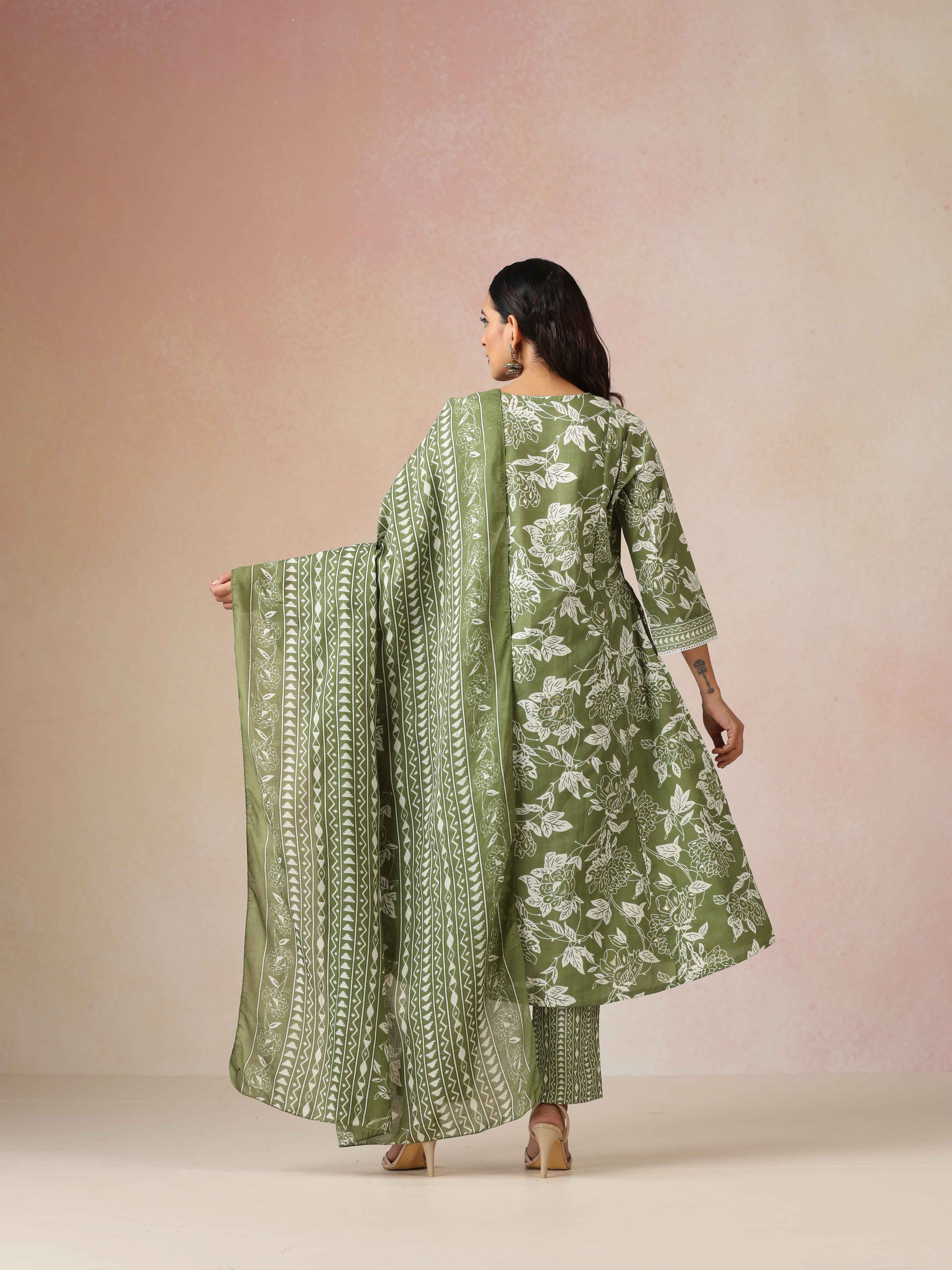 trueBrowns Green Cotton Print A Line Kurta 3pc Set