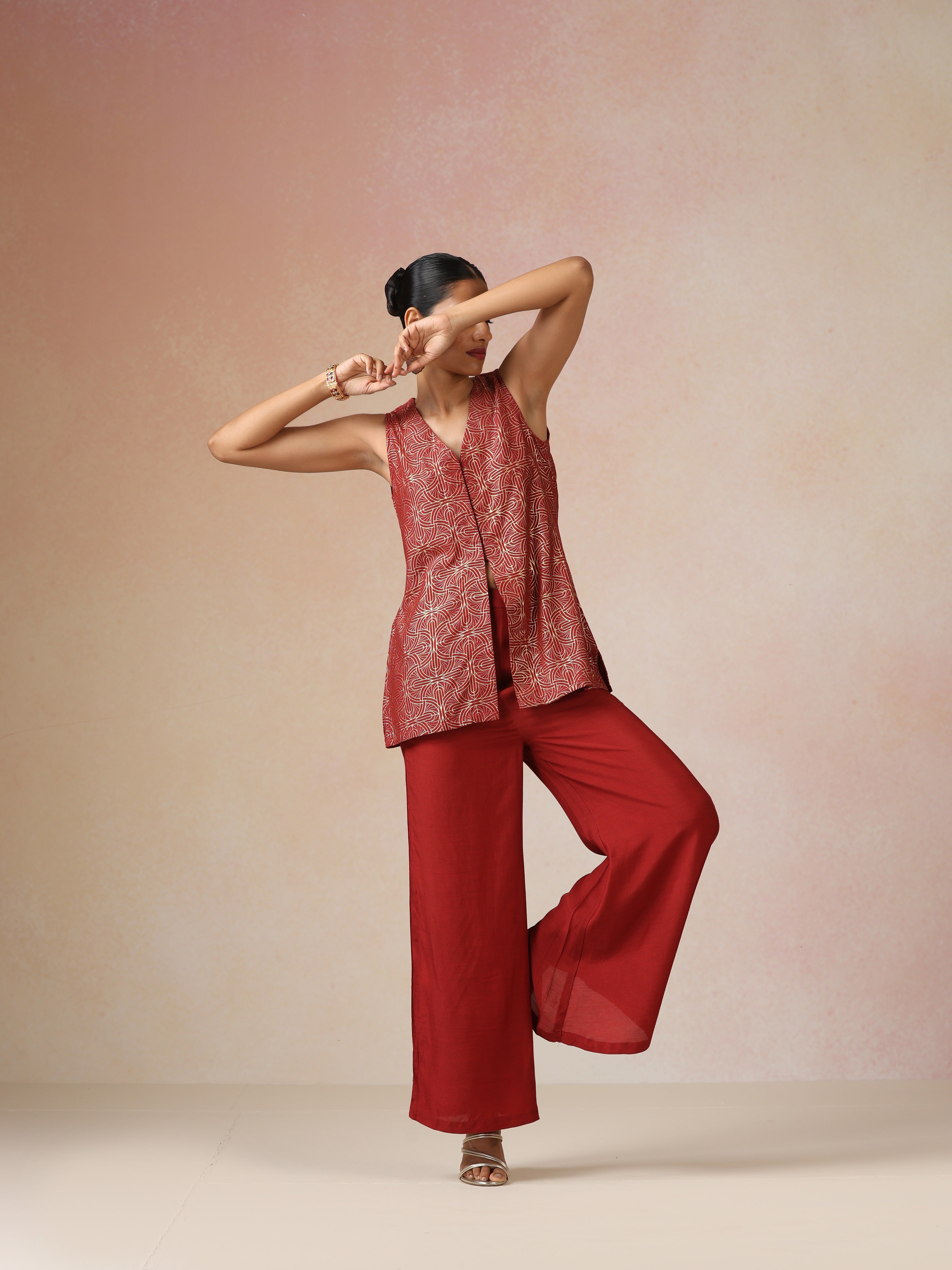 trueBrowns Red Gold Foil Print Jacket and Flared Pants Co-ord Set