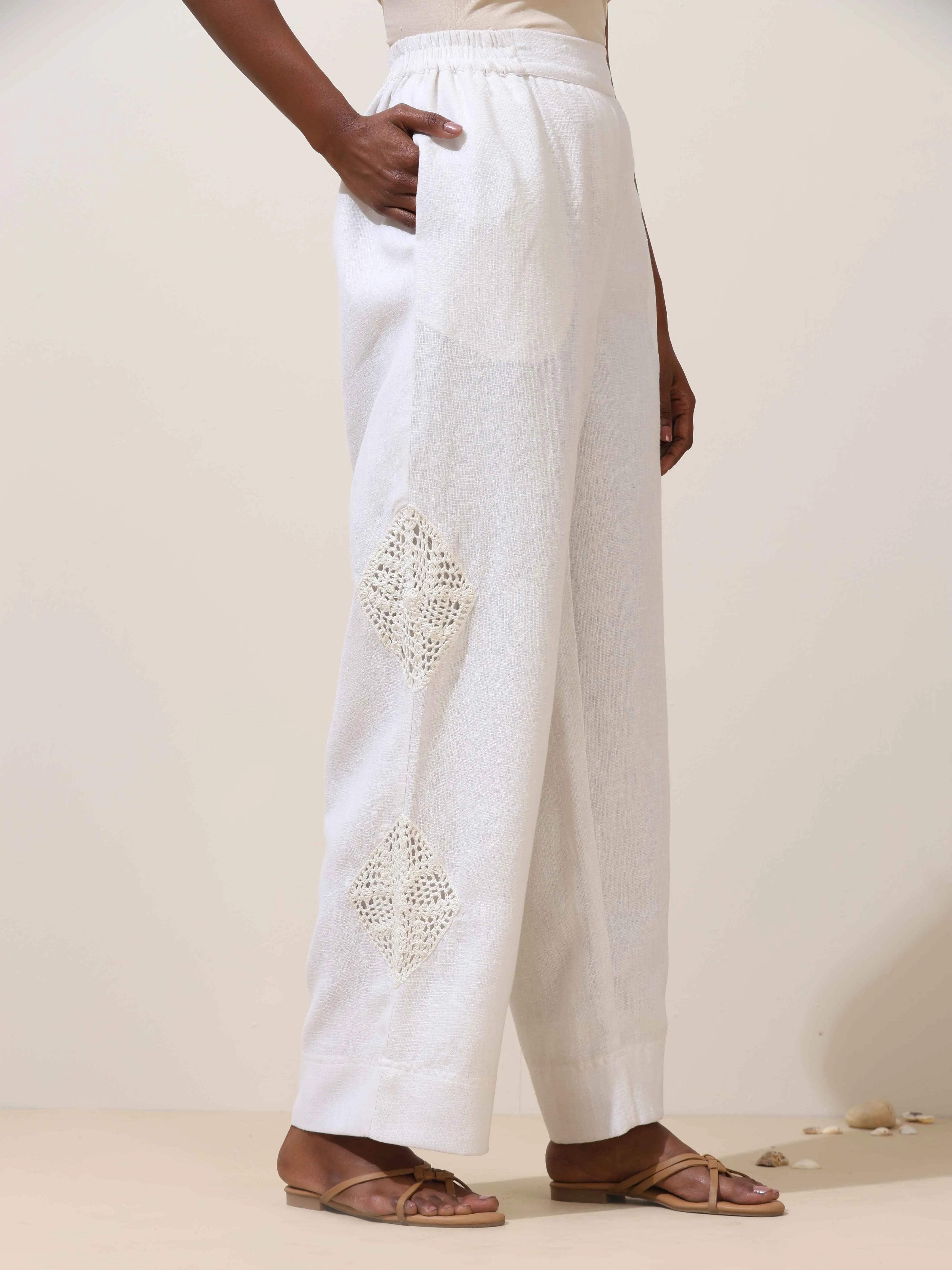 trueBrowns Indus White Crochet Natural Cotton Blazer Co-ord Set