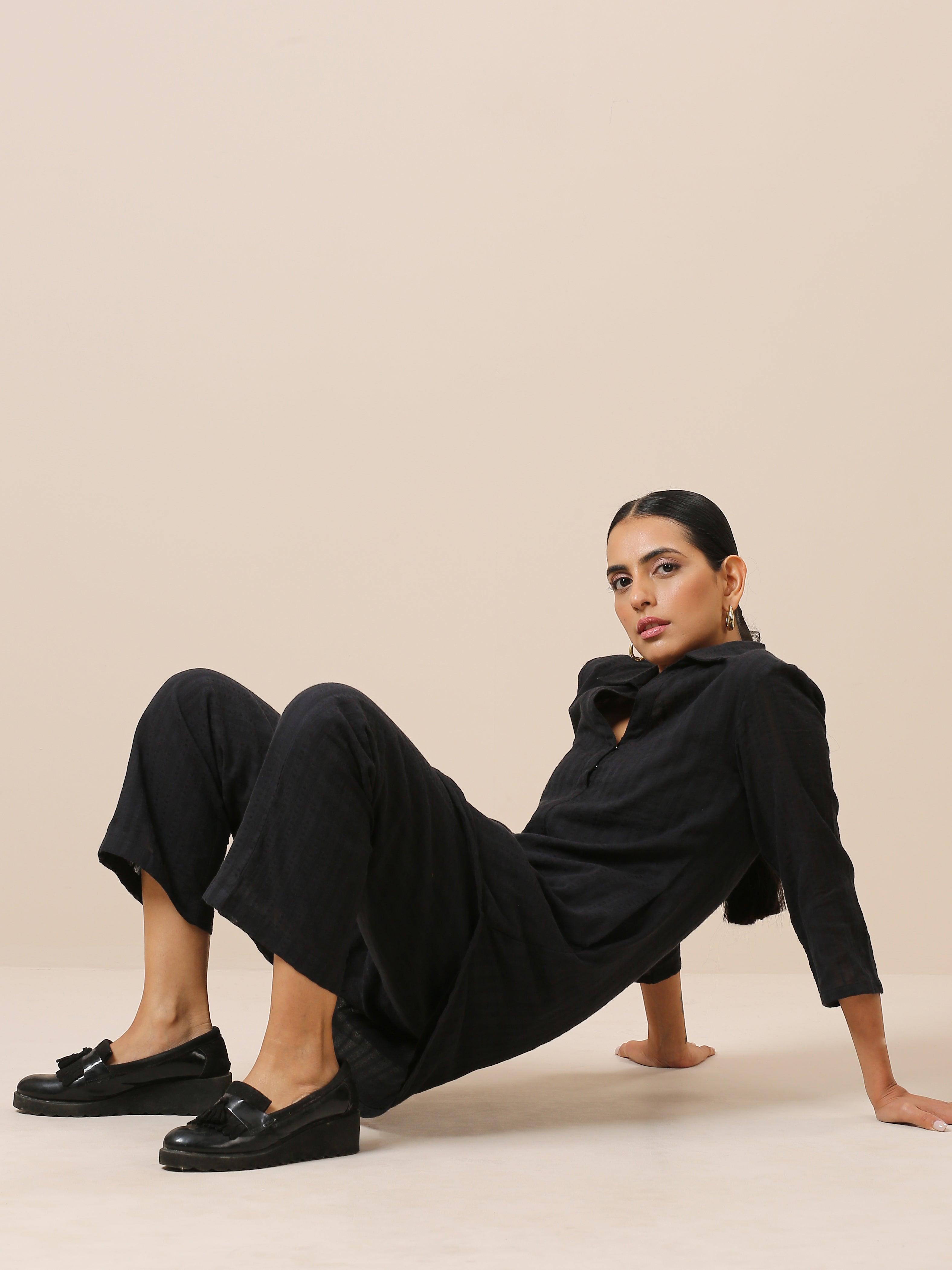 Cotton Black Collar Short Co-Ord Set - trueBrowns