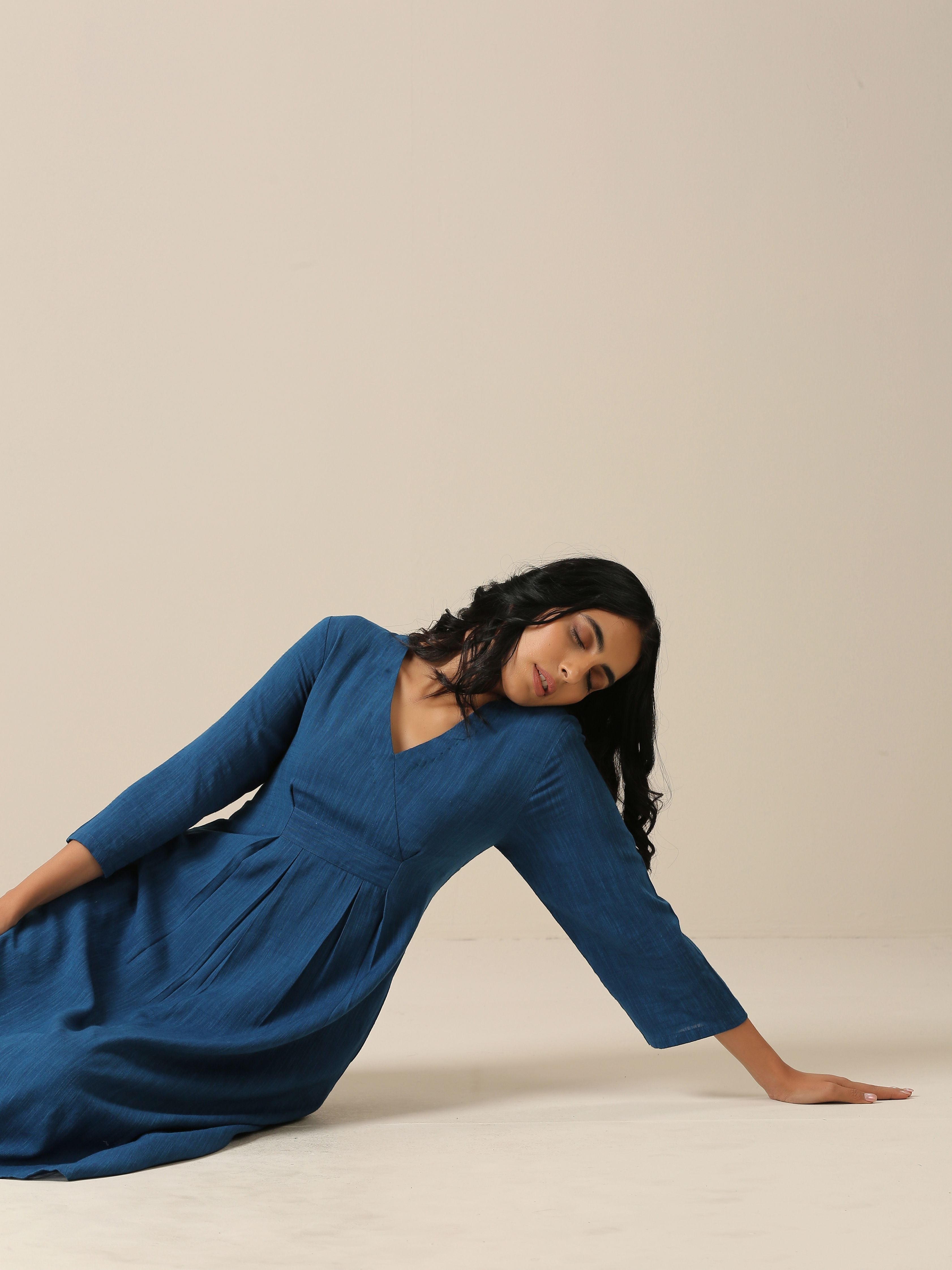 Classic Blue Slub Texture Overlap Pleat Kurta Pant Set