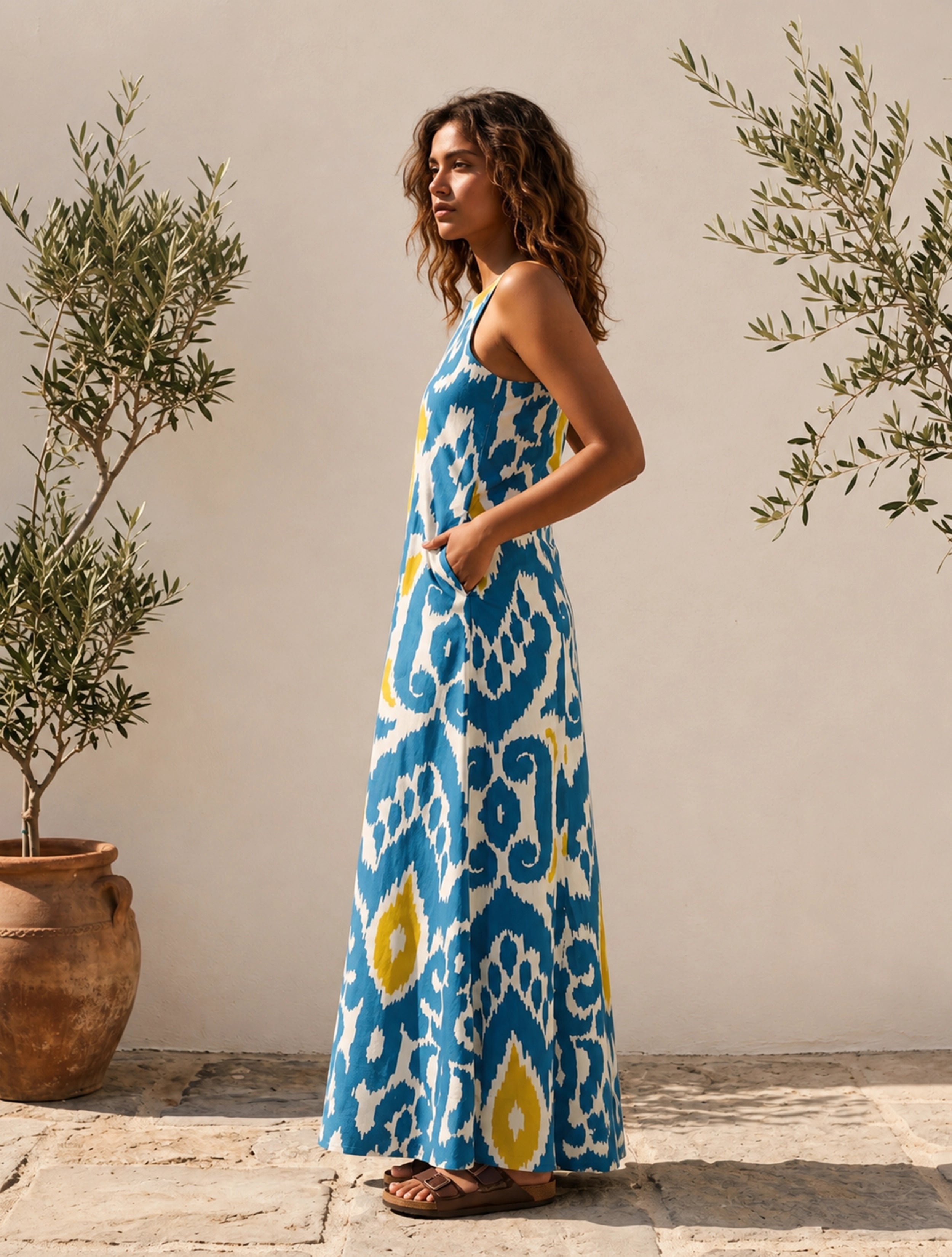 trueBrowns Blue Ikat Print Cotton Strappy Maxi Dress