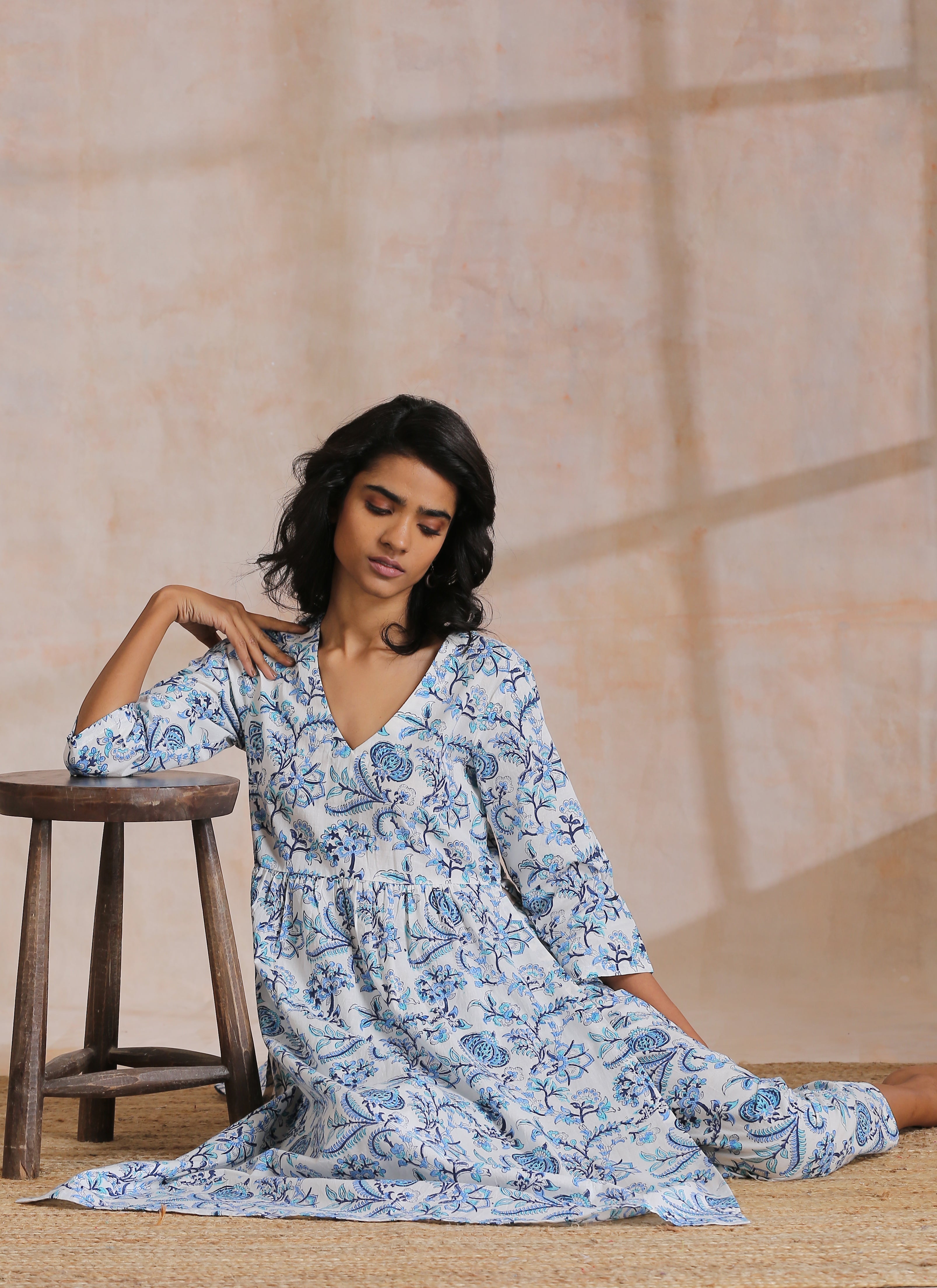White With Overall Blue Print Cotton Slit Gathered Kurta Set