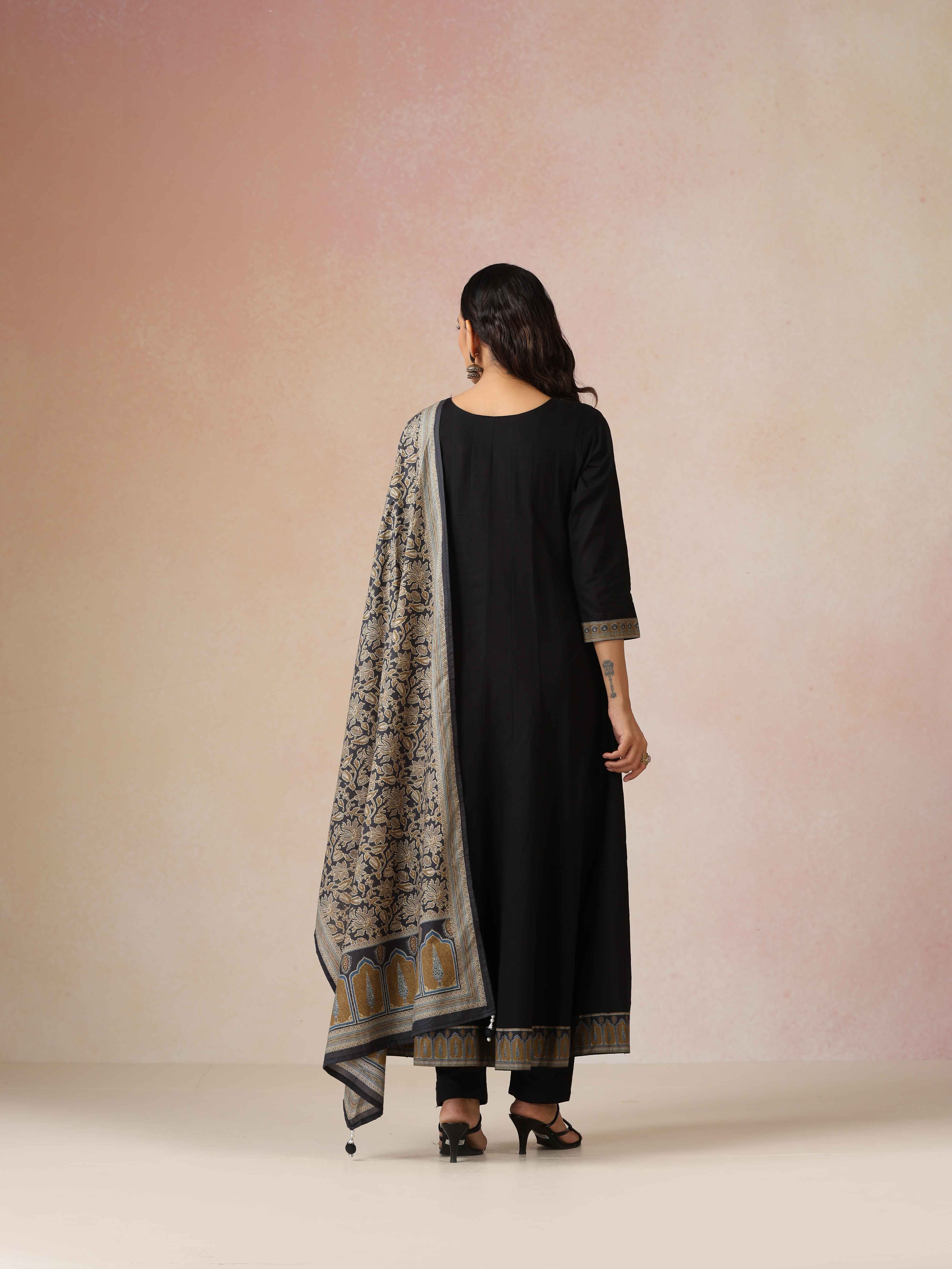 trueBrowns Black Embroidered Anarkali Pant Dupatta Set