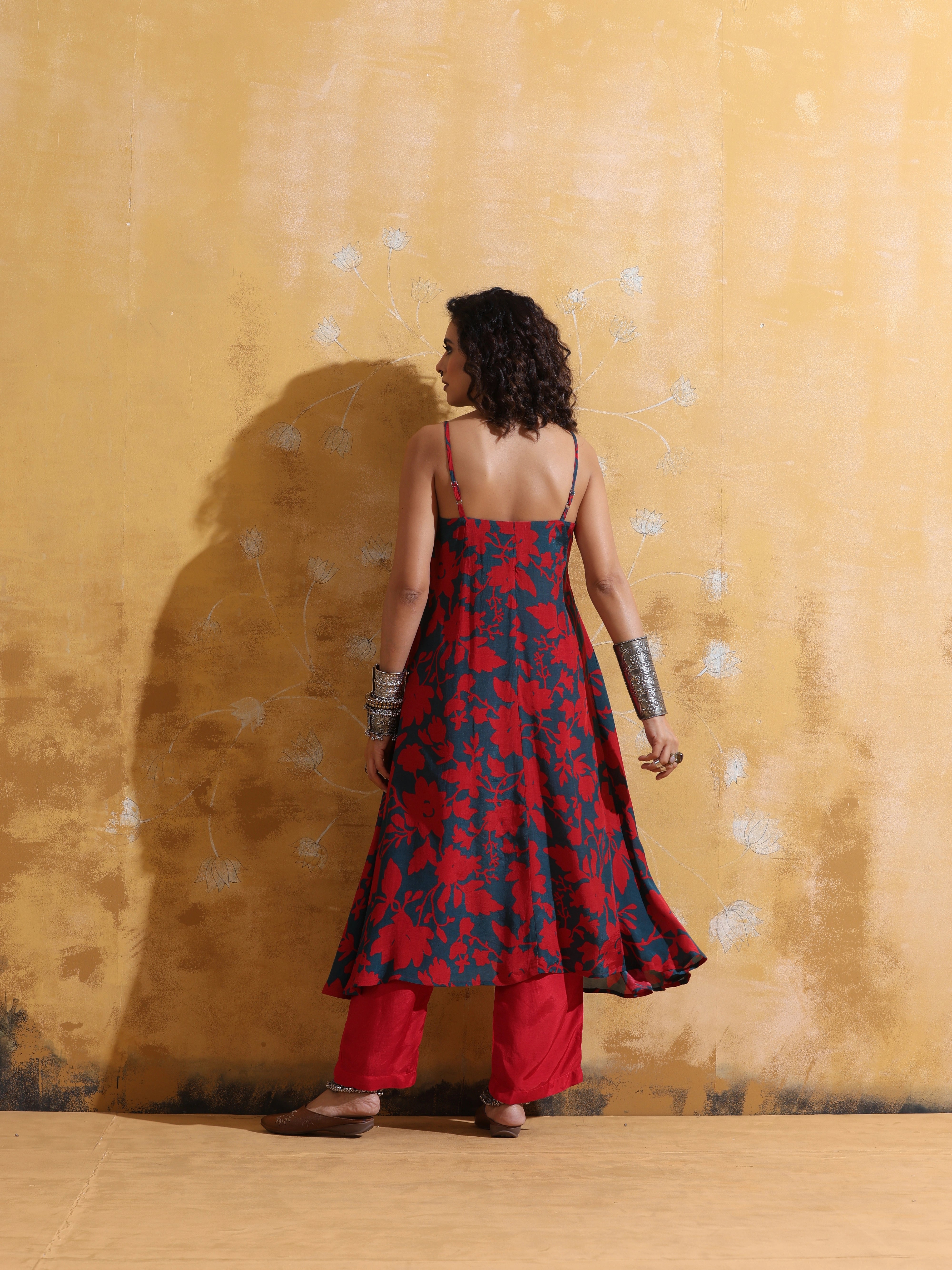 trueBrowns Red Teal Jaal Print Muslin Silk Flared Kurta Set