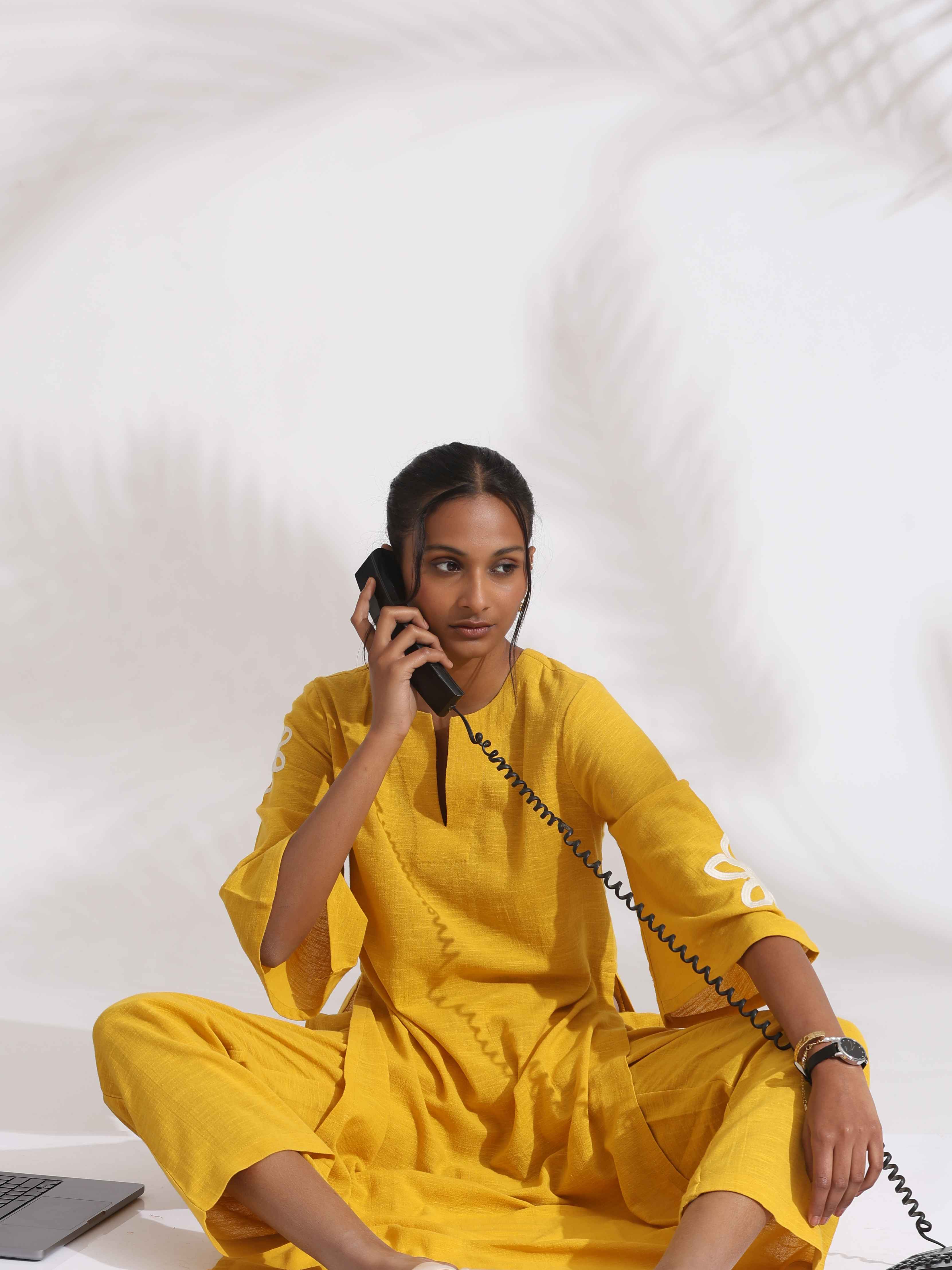 trueBrowns Yellow Cotton Slub Embroidered Straight Kurta Set