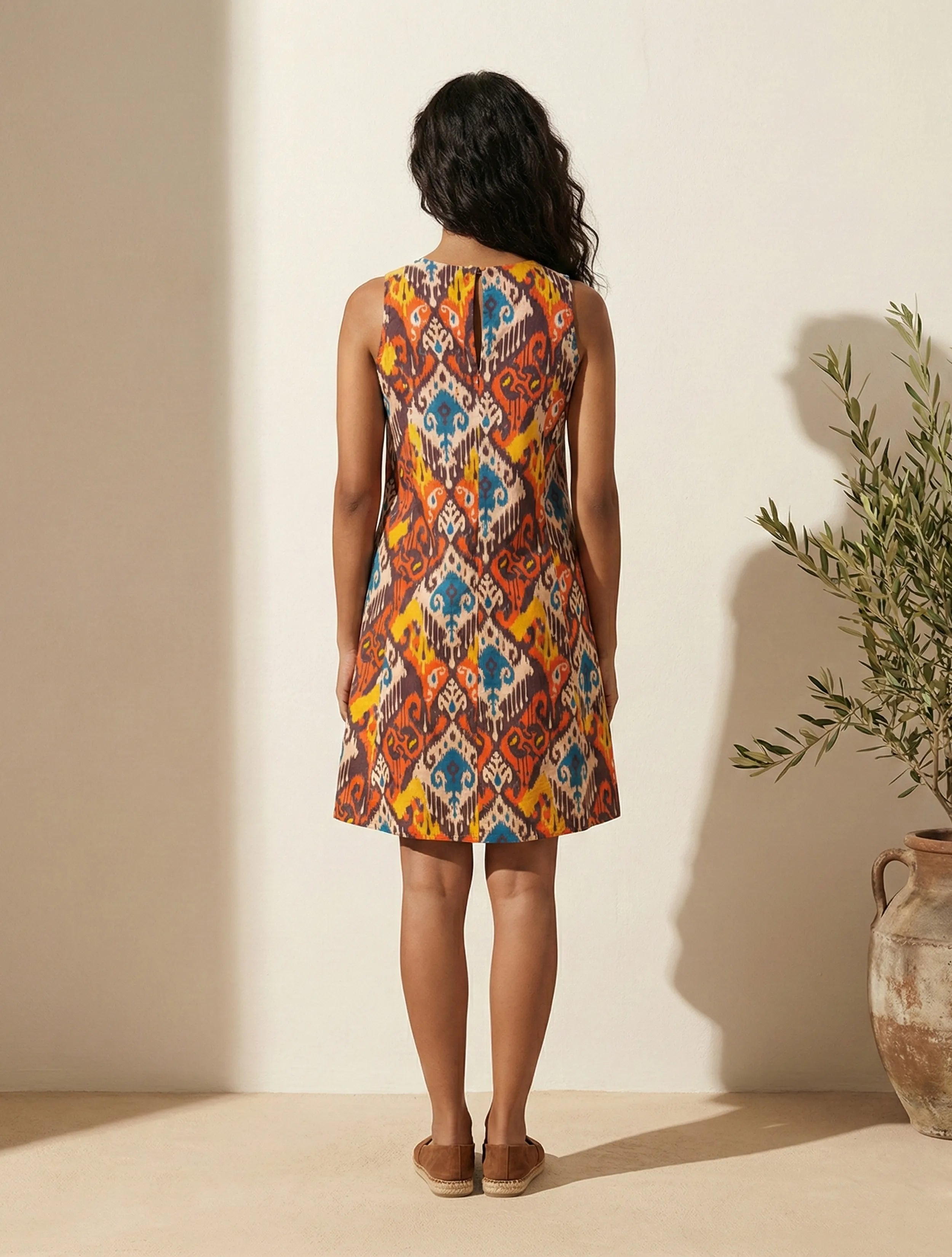 trueBrowns Multicolour Ikat Print Cotton Poplin Sleeveless Short Dress