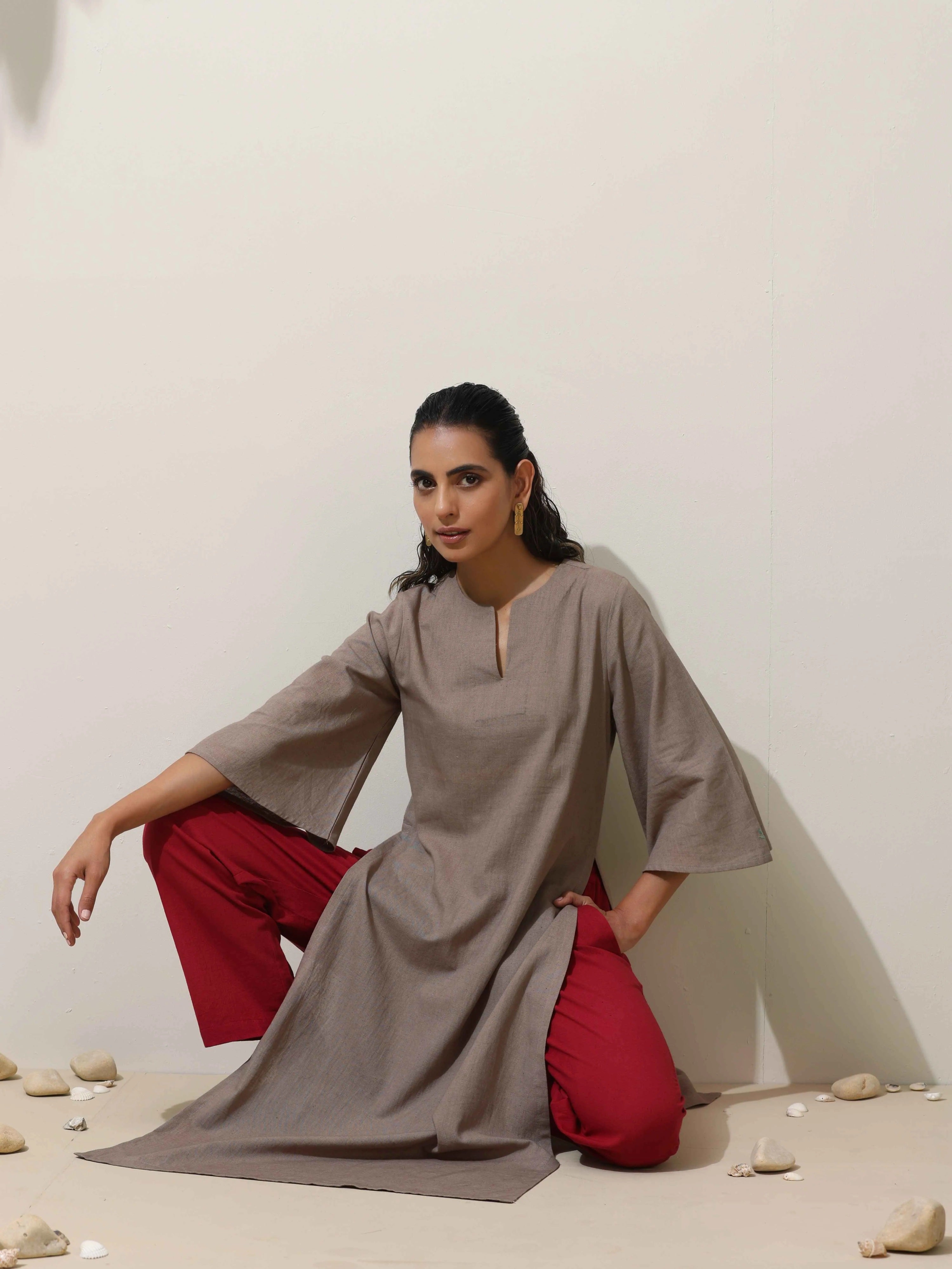 trueBrowns Grey Cotton Linen Kurta Pant Set