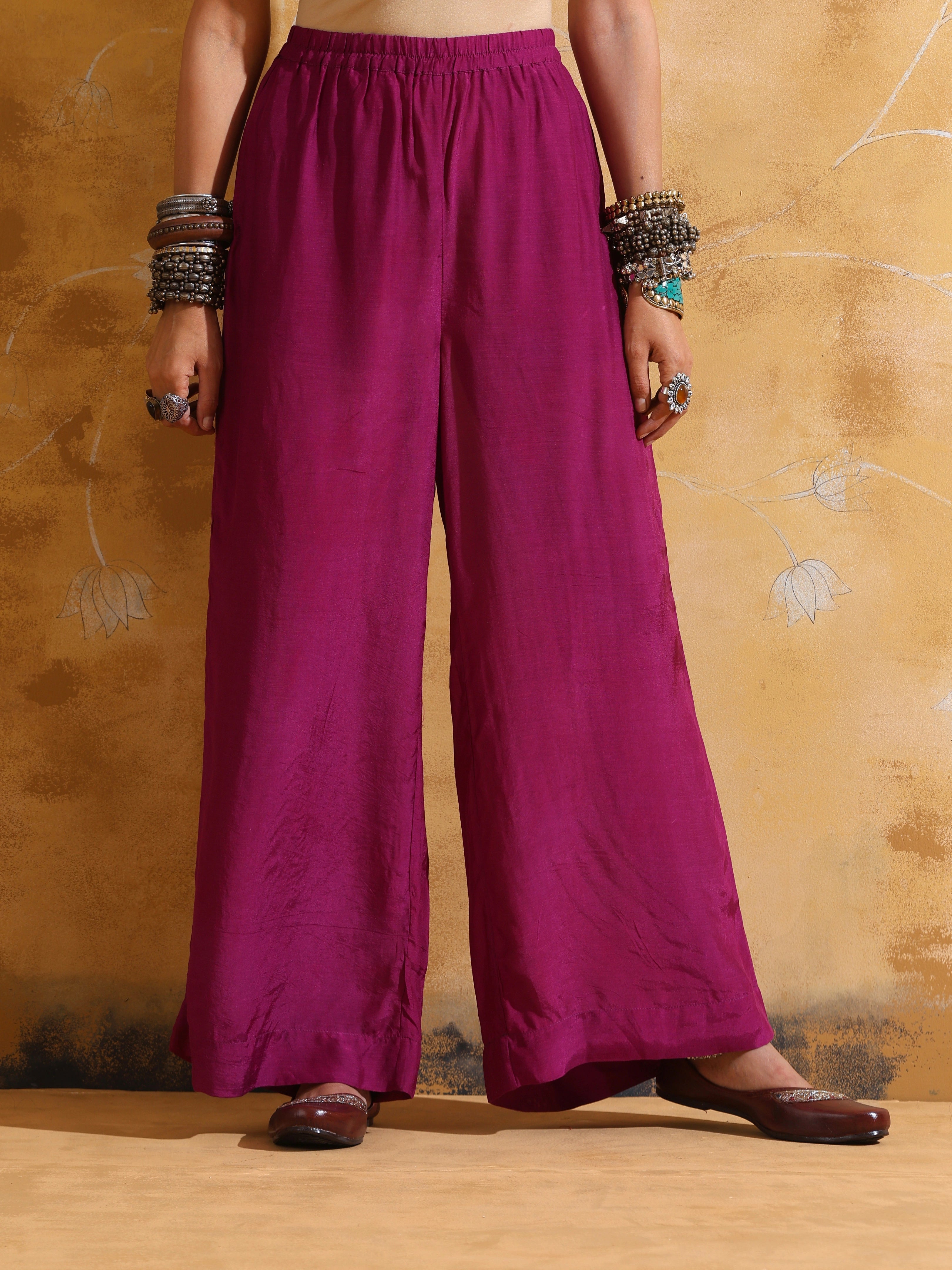 trueBrowns Purple Peach Jaal Print Muslin Silk Flared Pants Co-ord Set