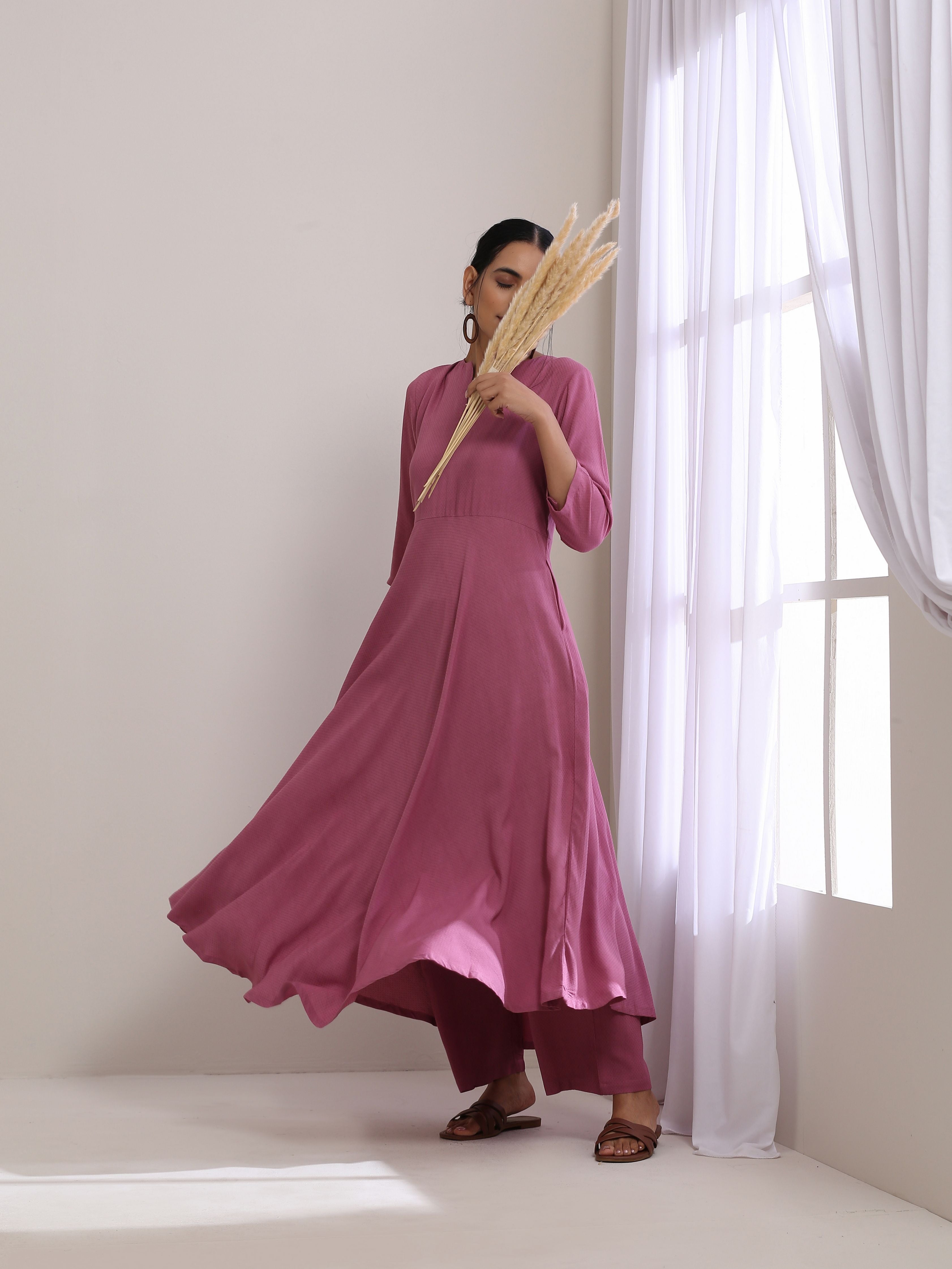 Onion Pink Dobby Anarkali Pant Set