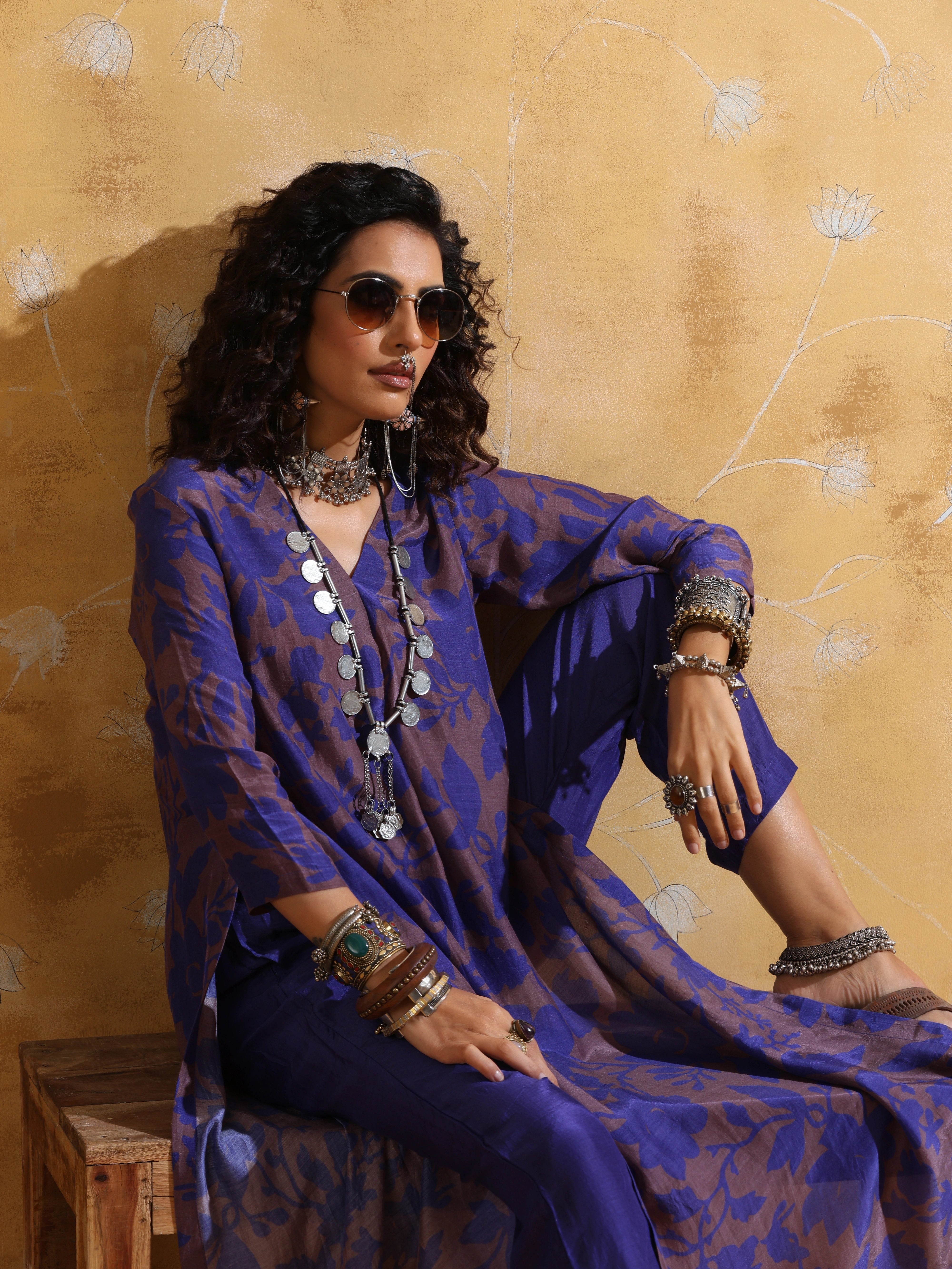 trueBrowns Purple Jaal Print Muslin Silk Straight Kurta Set