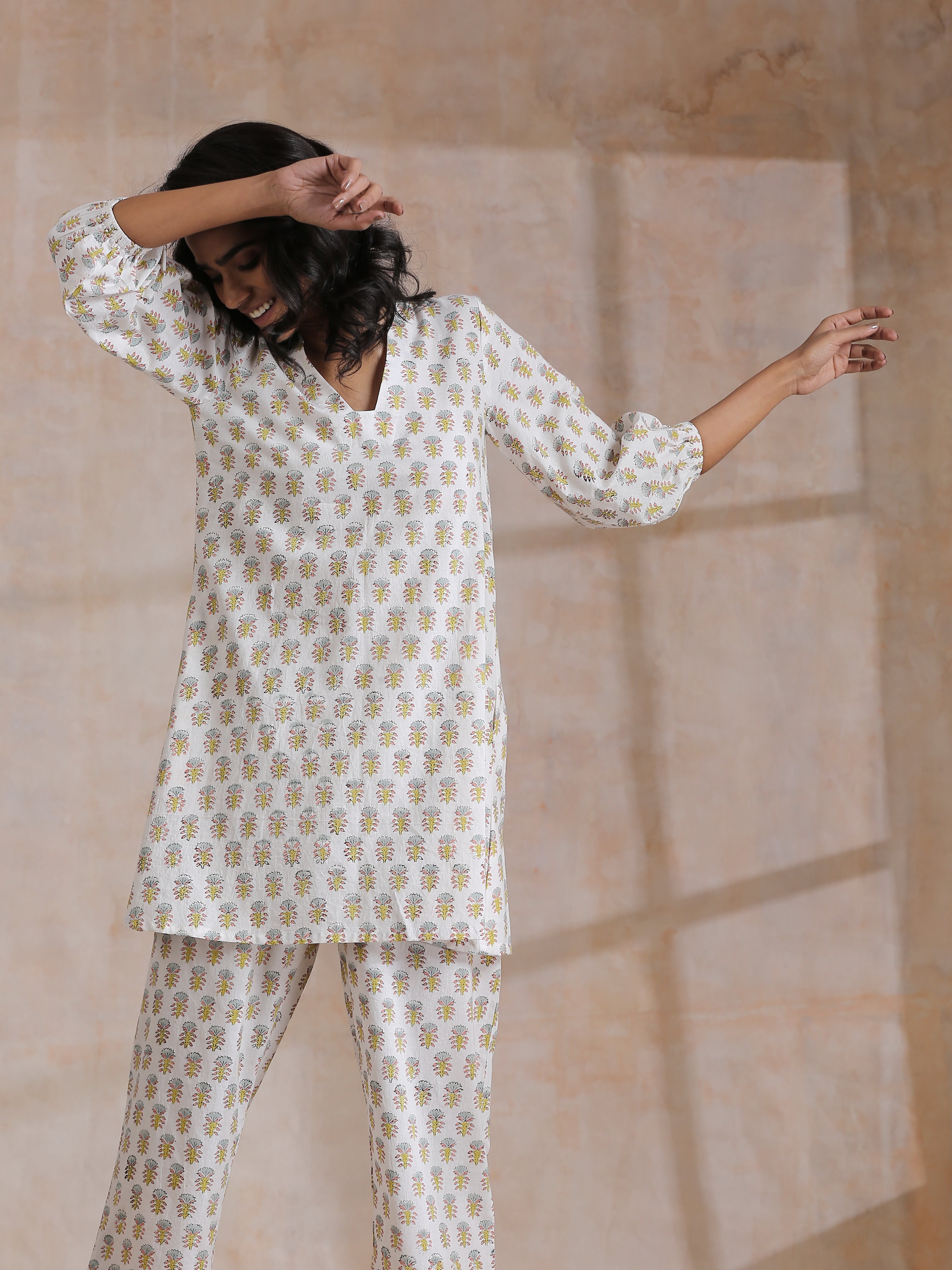 Multi Color Floral Booti Print Cotton V-Square Neck Co-Ord Set