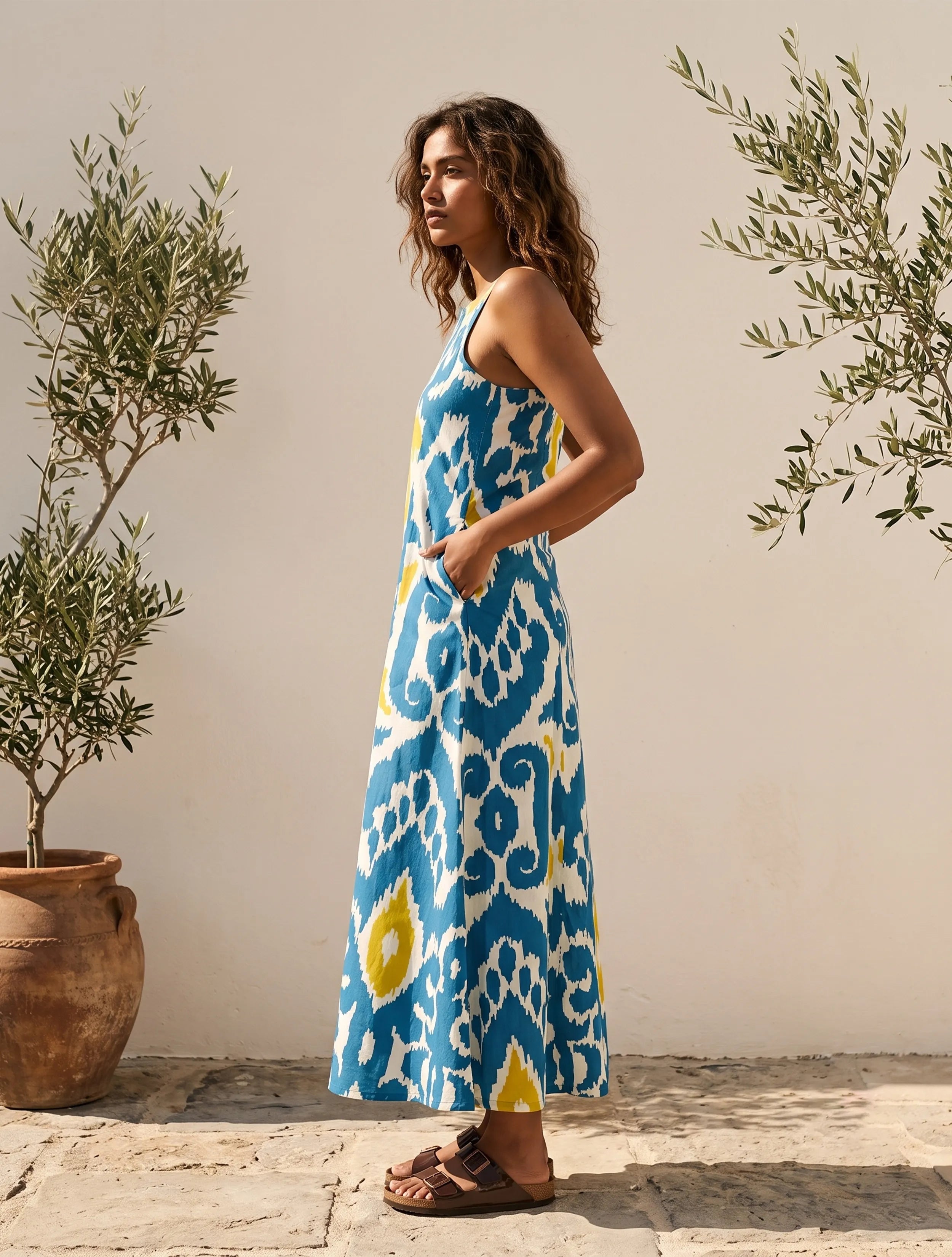 trueBrowns Blue Ikat Print Cotton Strappy Maxi Dress