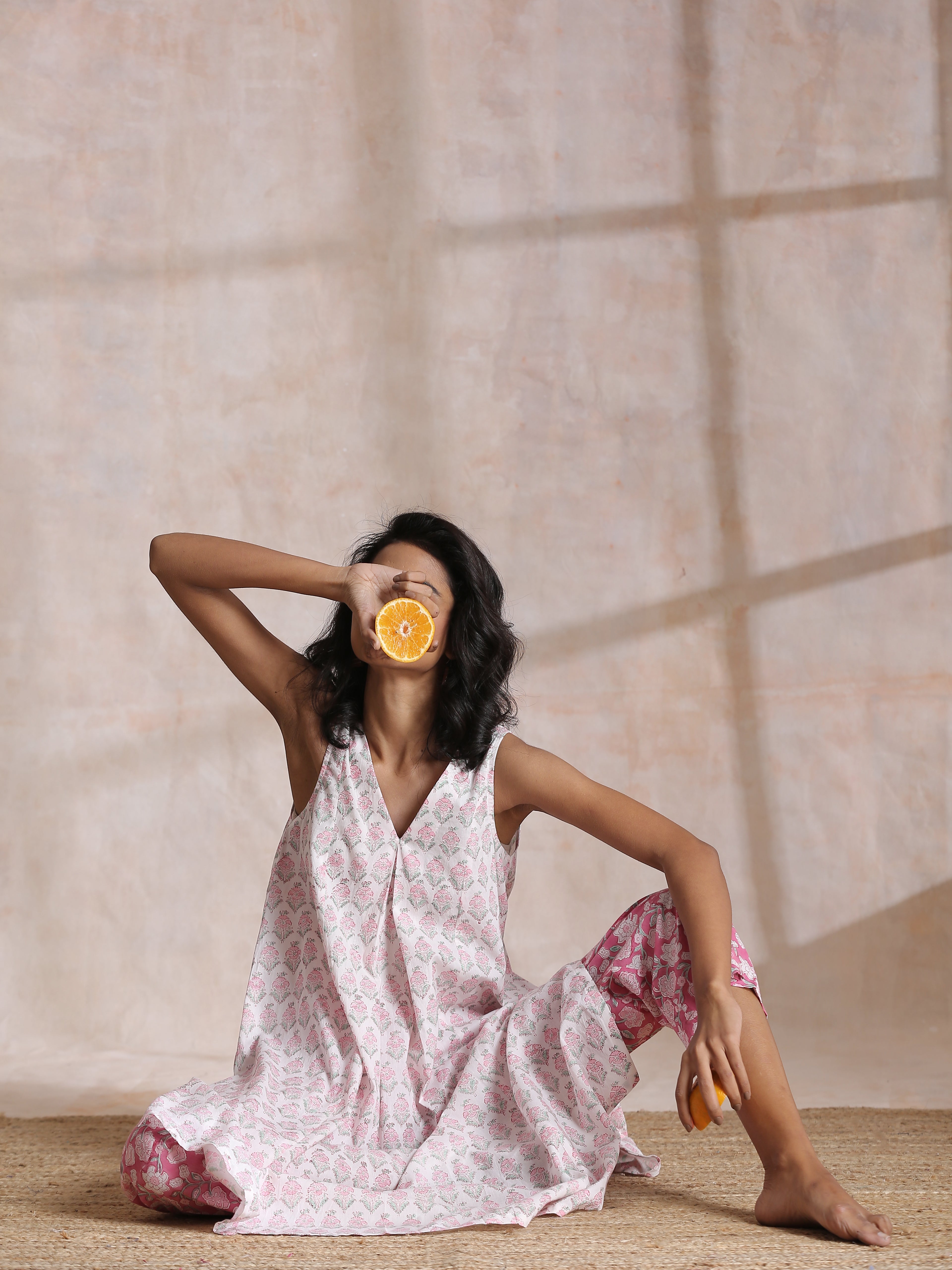 Pink Green Floral On White Block Print Cotton Sleeveless Flared Kurta Pant Set