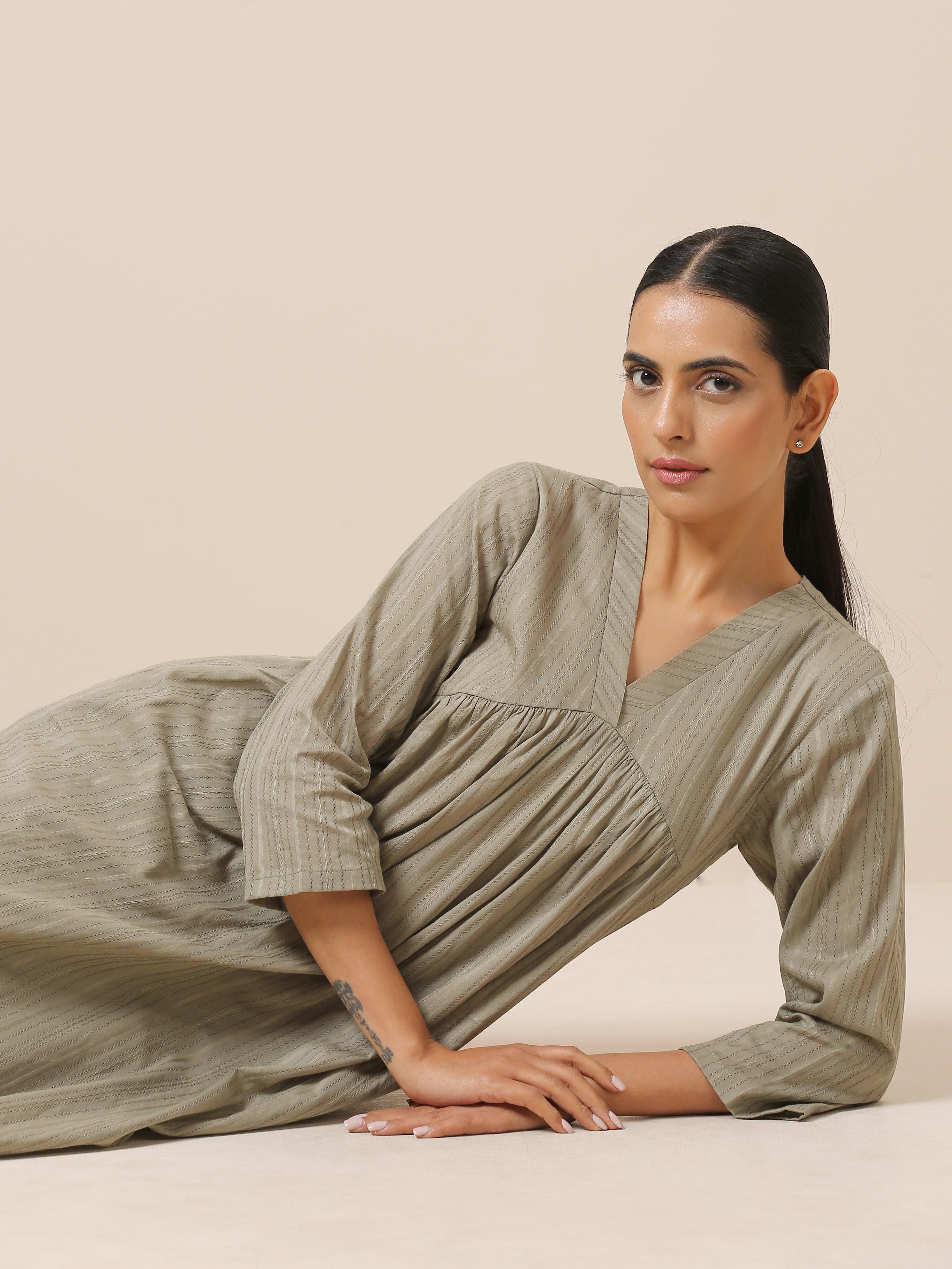 Cotton Olive Green Flared Slit Kurta Pant Set - trueBrowns