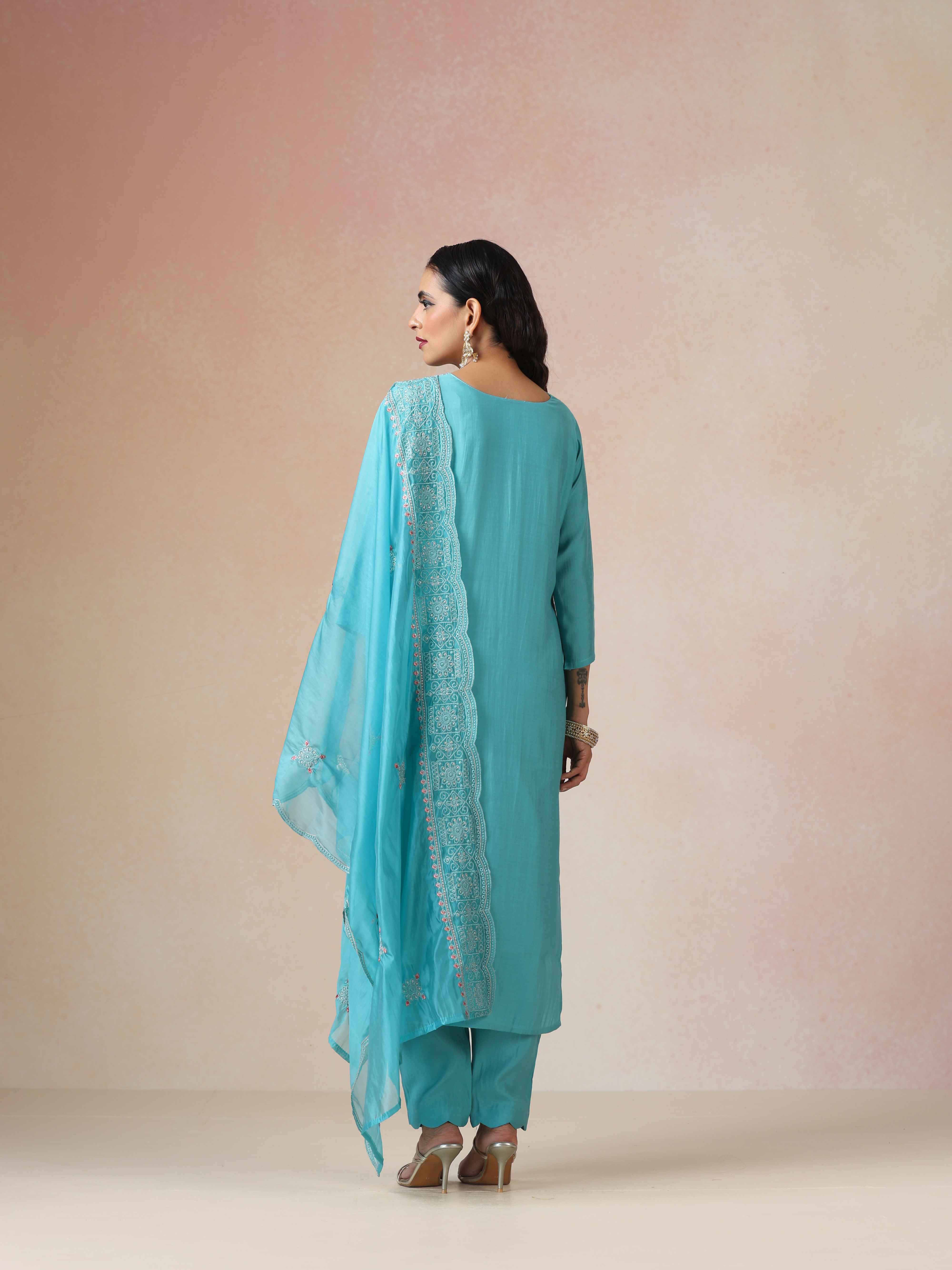 trueBrowns Blue Embroidered Kurta Pant Dupatta Set