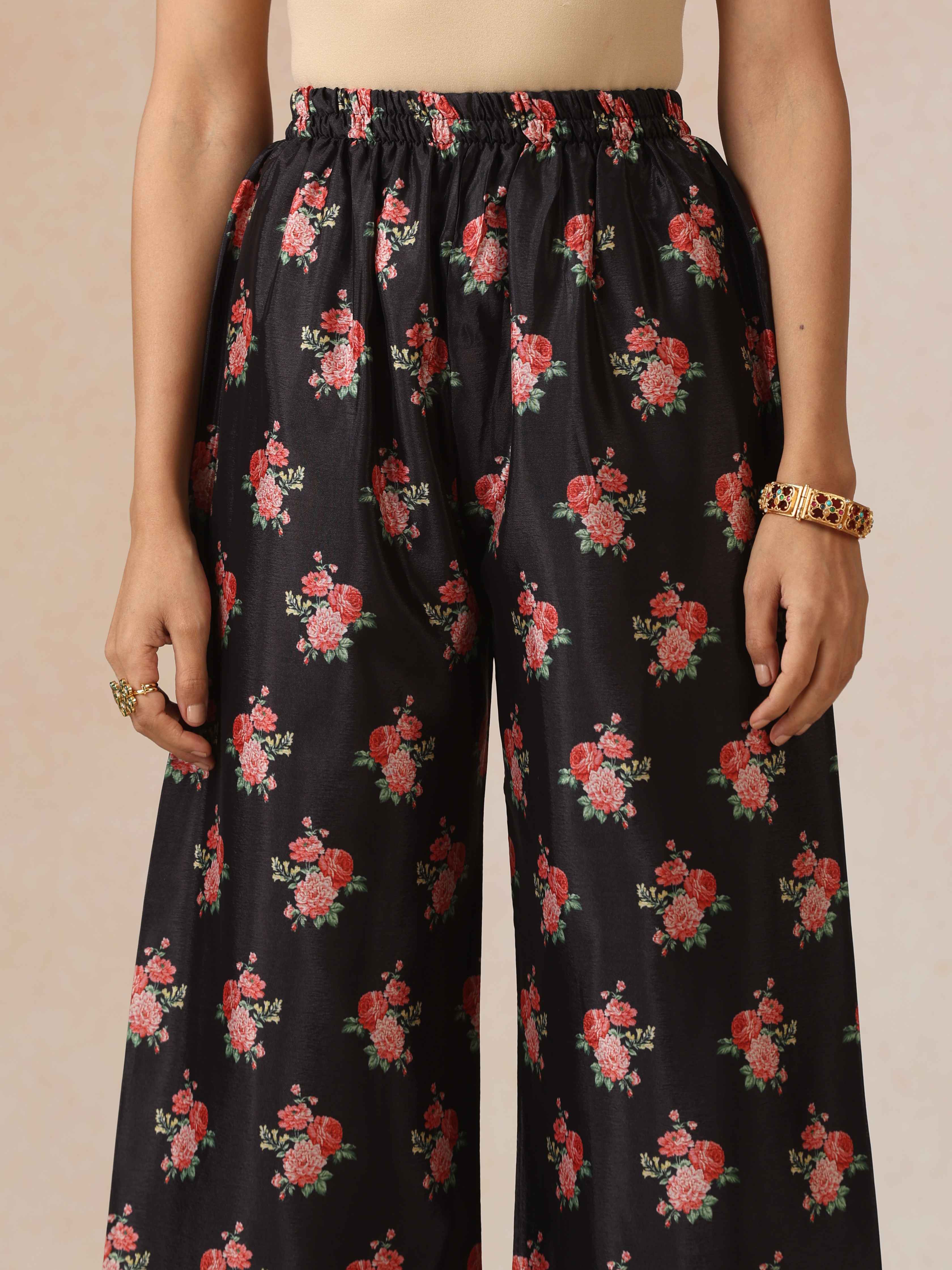 trueBrowns Black Print A-Line Kurta 3pc Set