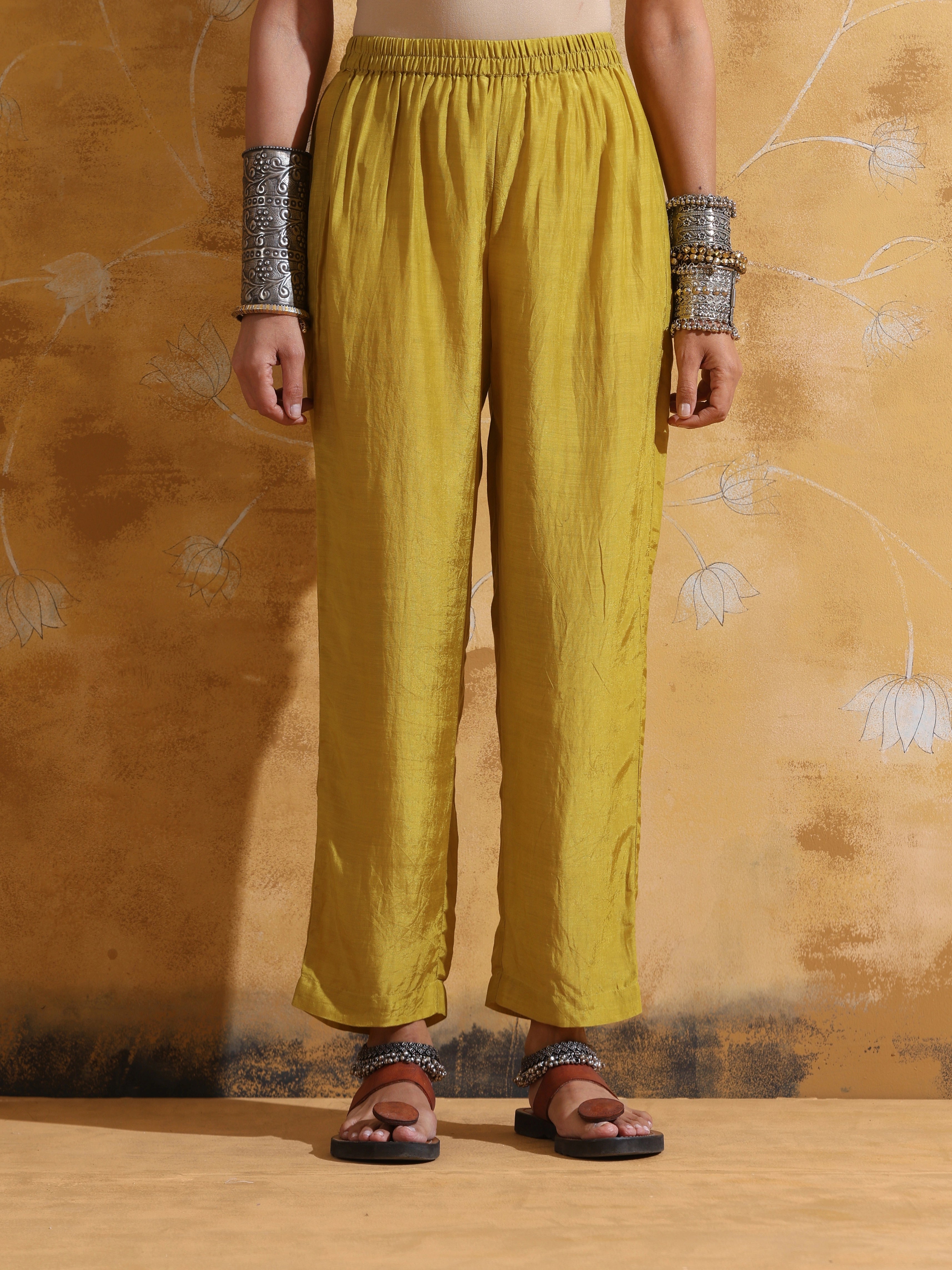 trueBrowns Lime Muslin Silk Flared Kurta Co-ord Set