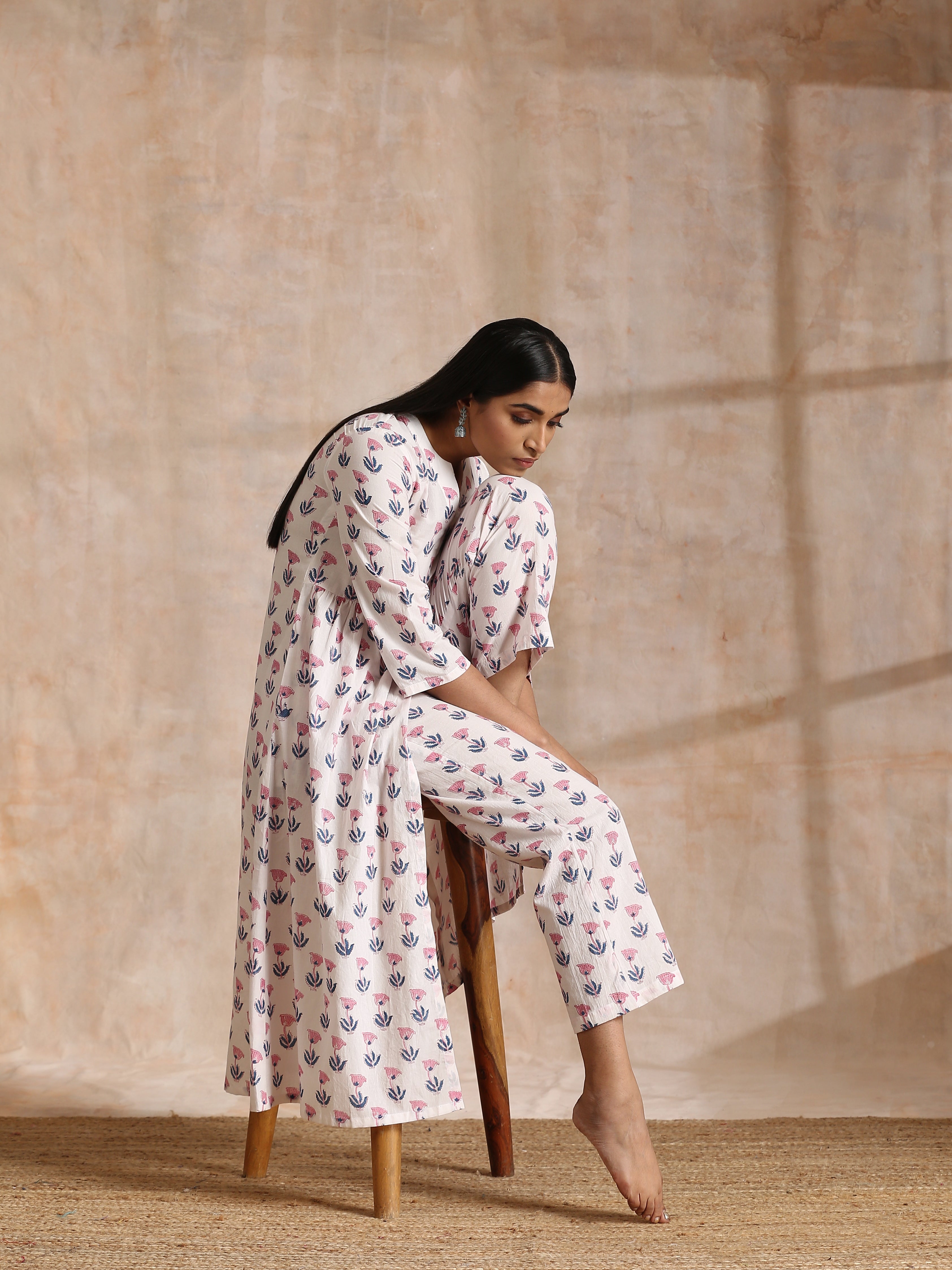 White With Pink Blue Buta Block Print Cotton Kurta Pant Set