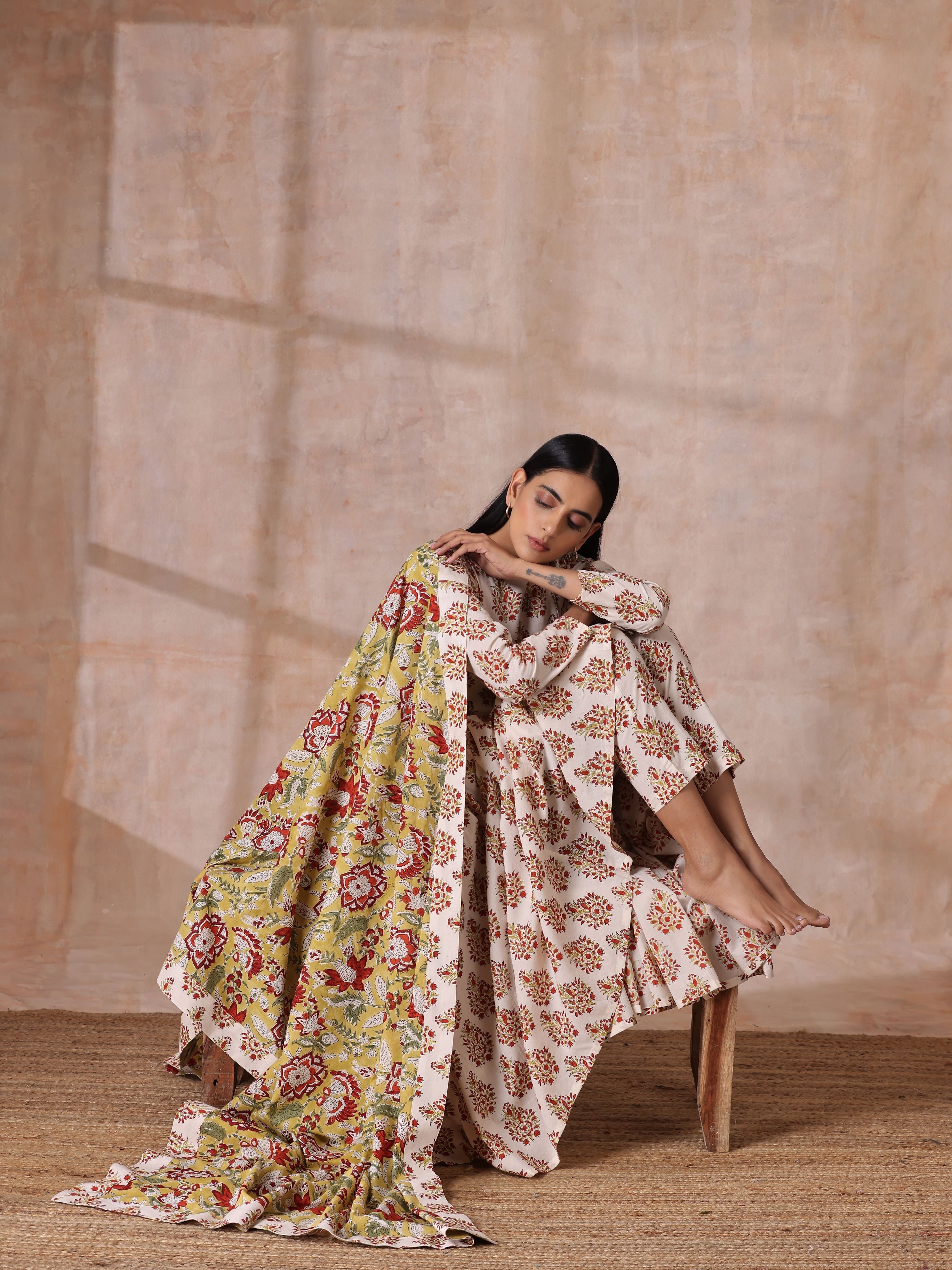 White With Red Yellow Buta Block Print Cotton Kurta Pant Dupatta Set