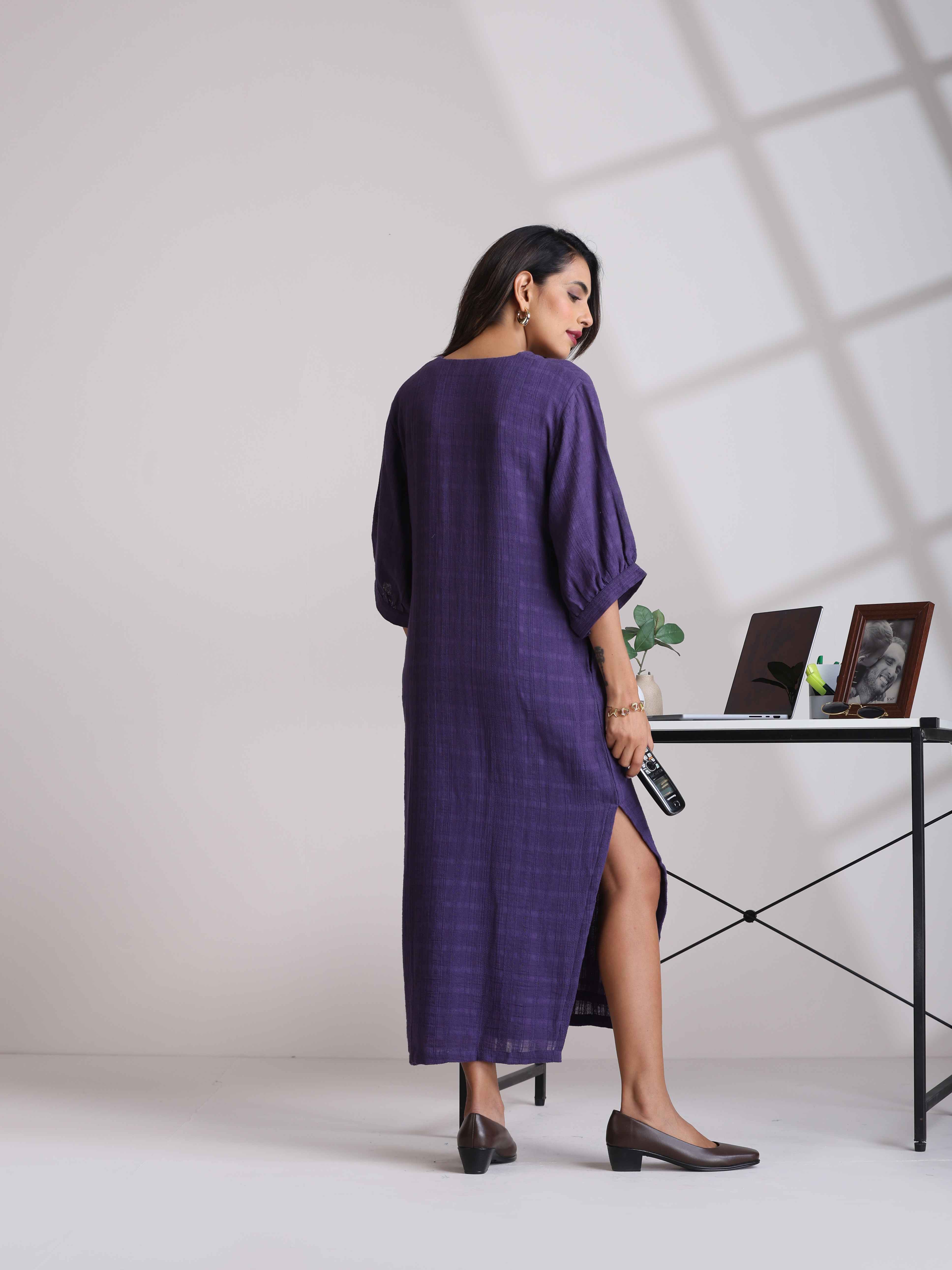 trueBrowns Purple Cotton Dobby Slit Dress