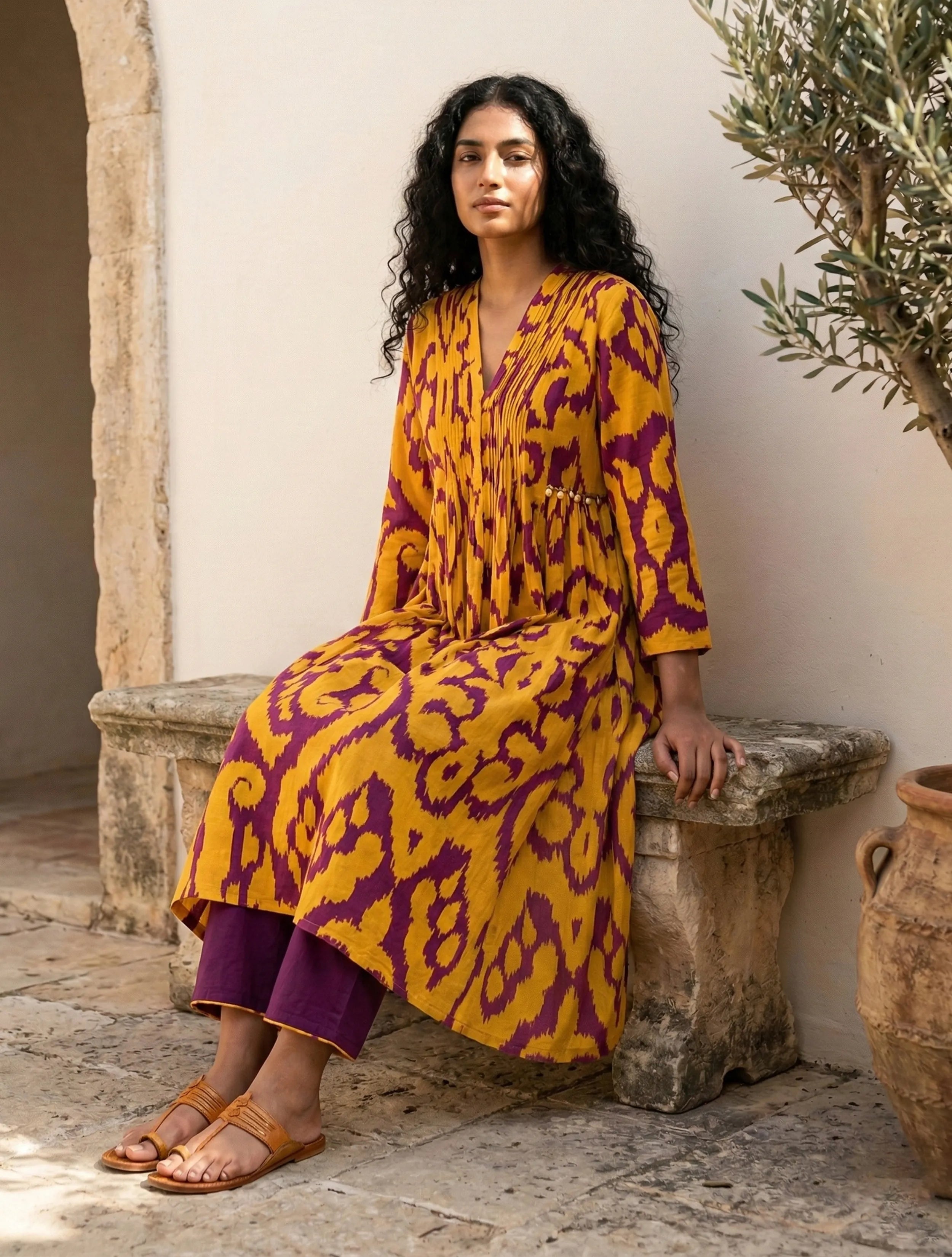 trueBrowns Yellow Purple Ikat Print Cotton Flared Kurta Set