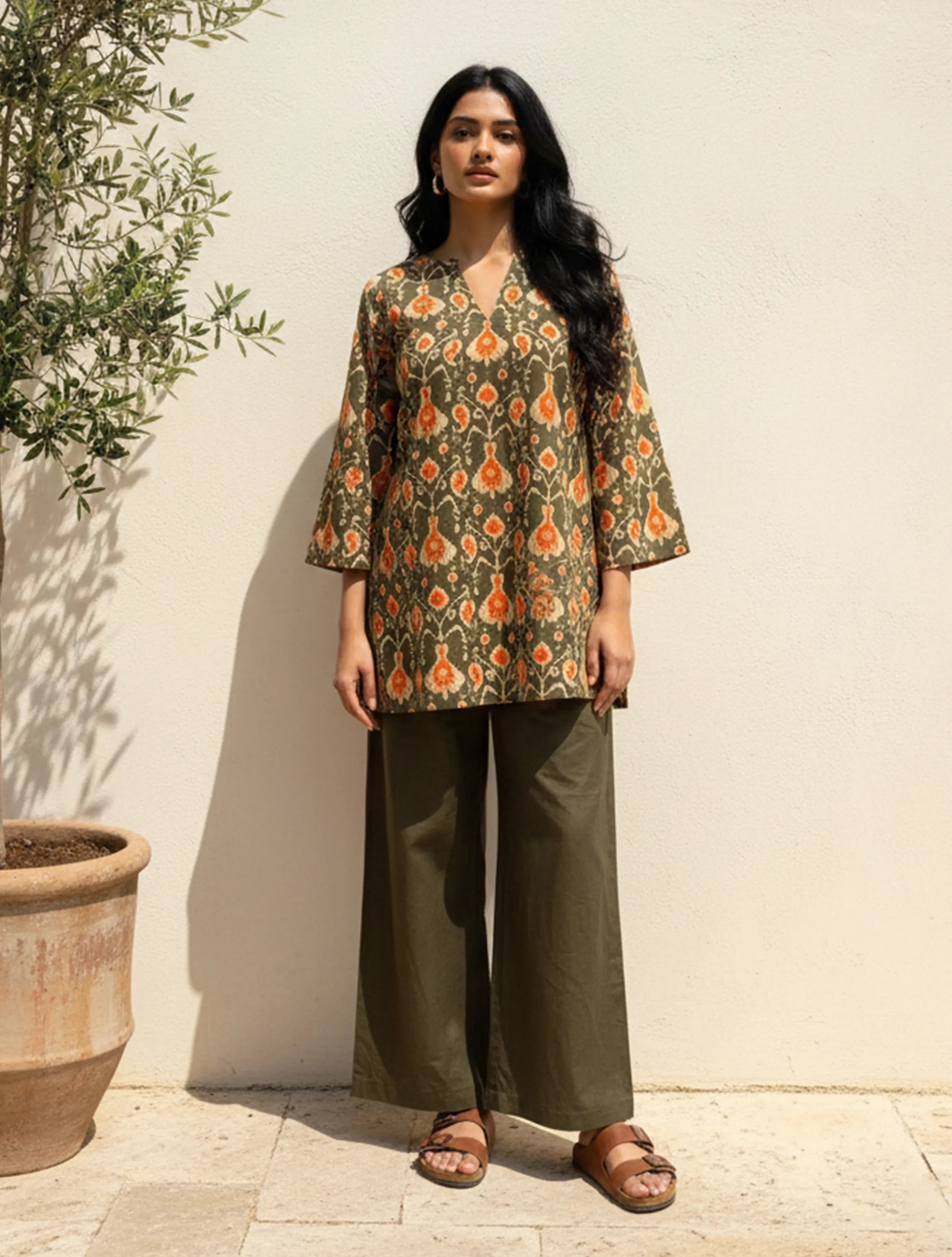 trueBrowns Grey Orange Ikat Print Cotton Co-Ord Set
