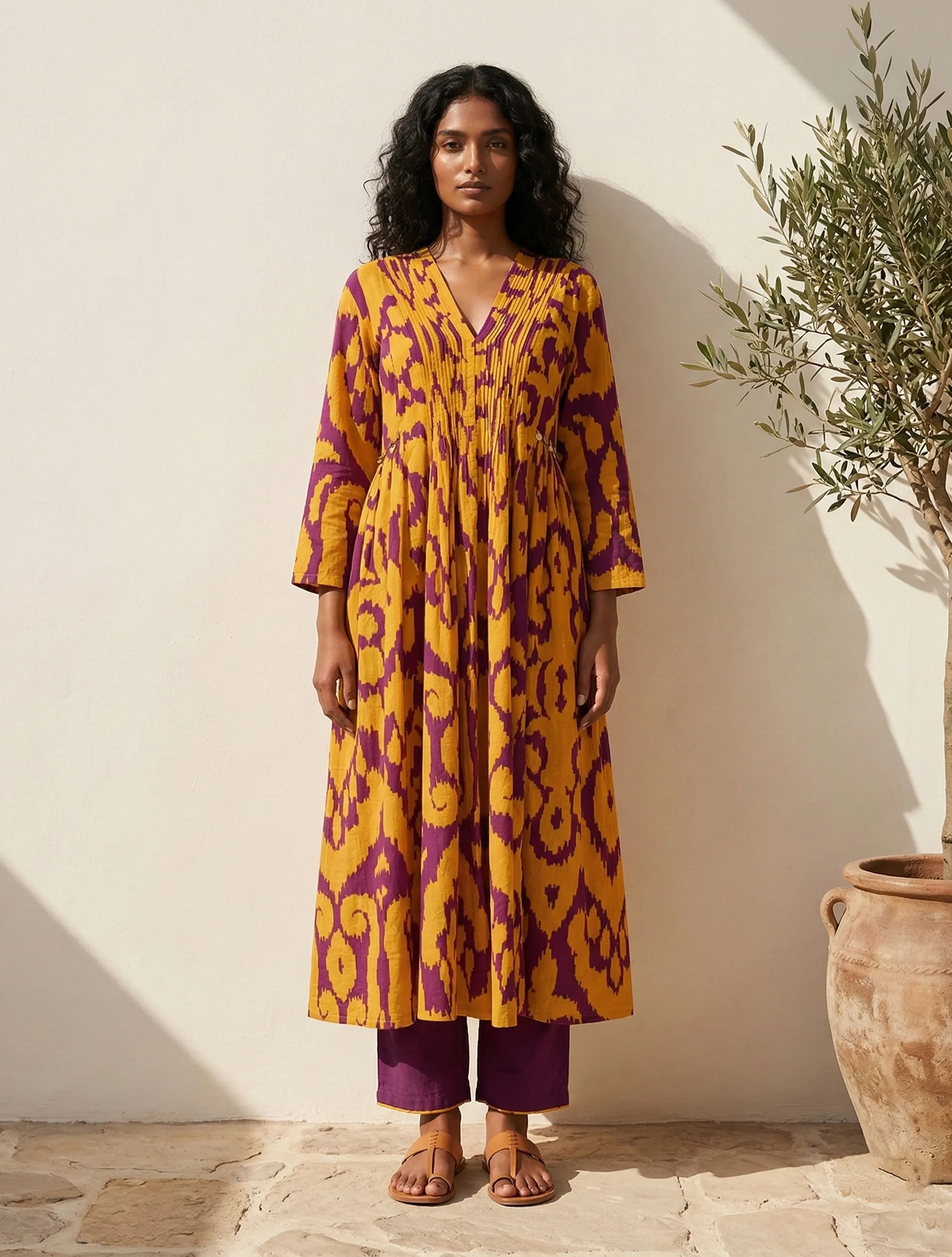 trueBrowns Yellow Purple Ikat Print Cotton Flared Kurta Set