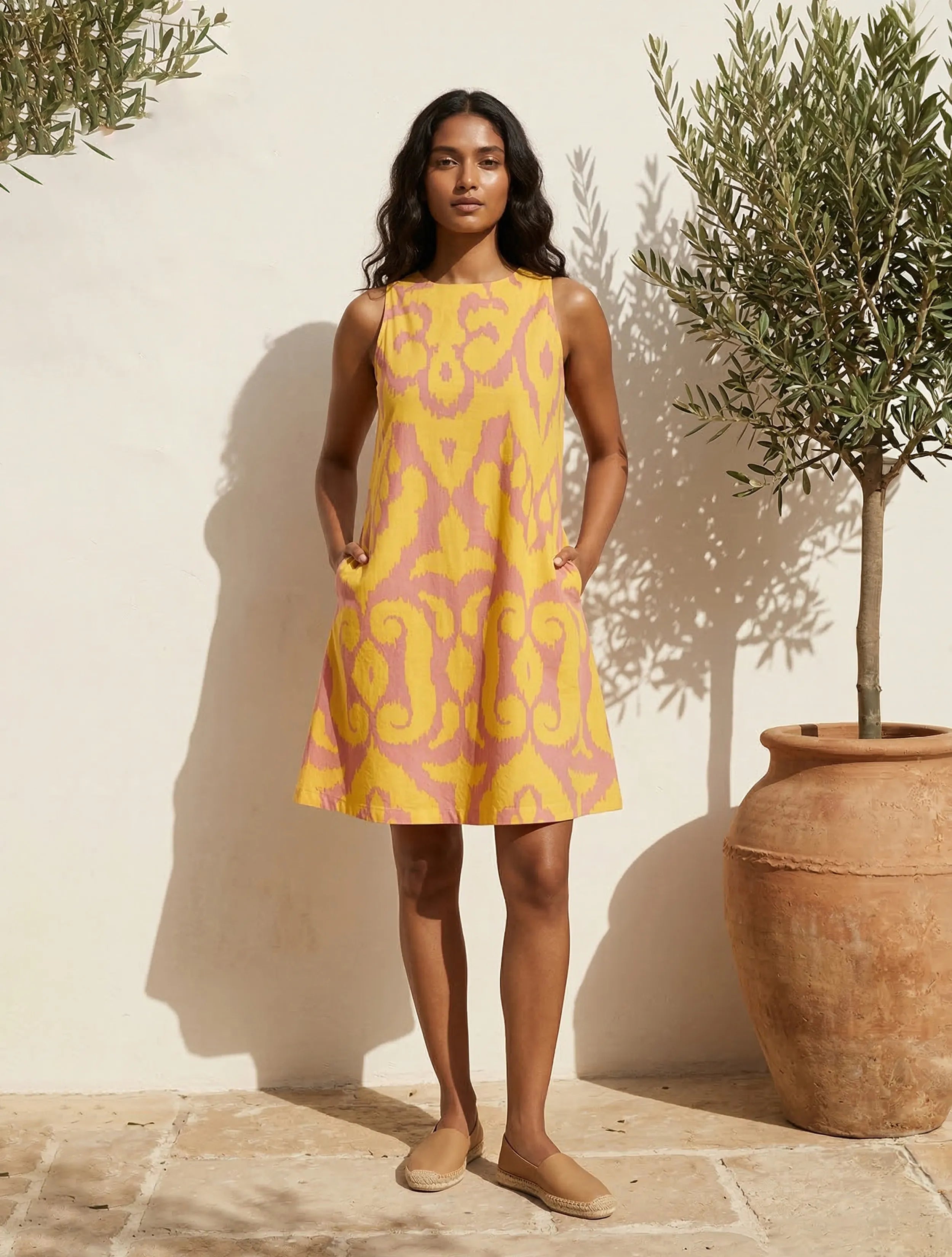 trueBrowns Yellow Peach Ikat Print Cotton Poplin Sleeveless Short Dress