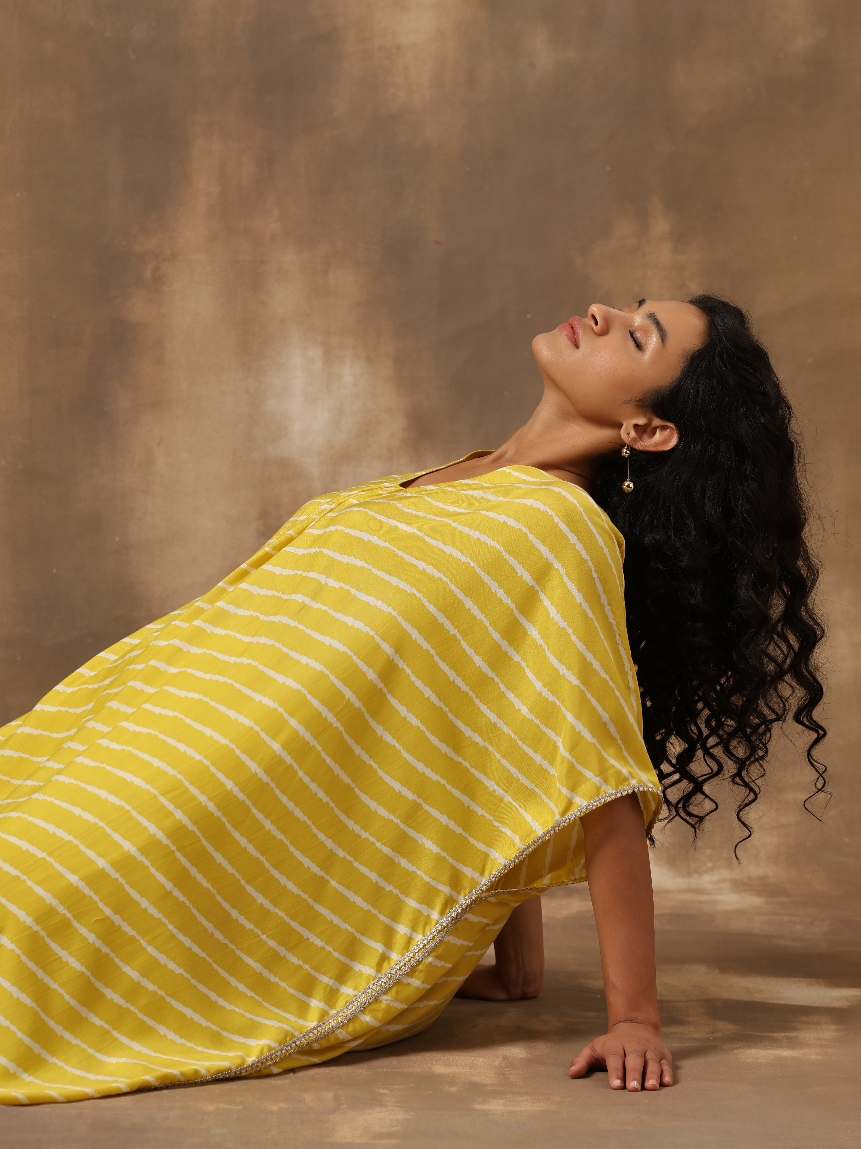 Lime Lehariya Printed Silk Kaftan Pant Set