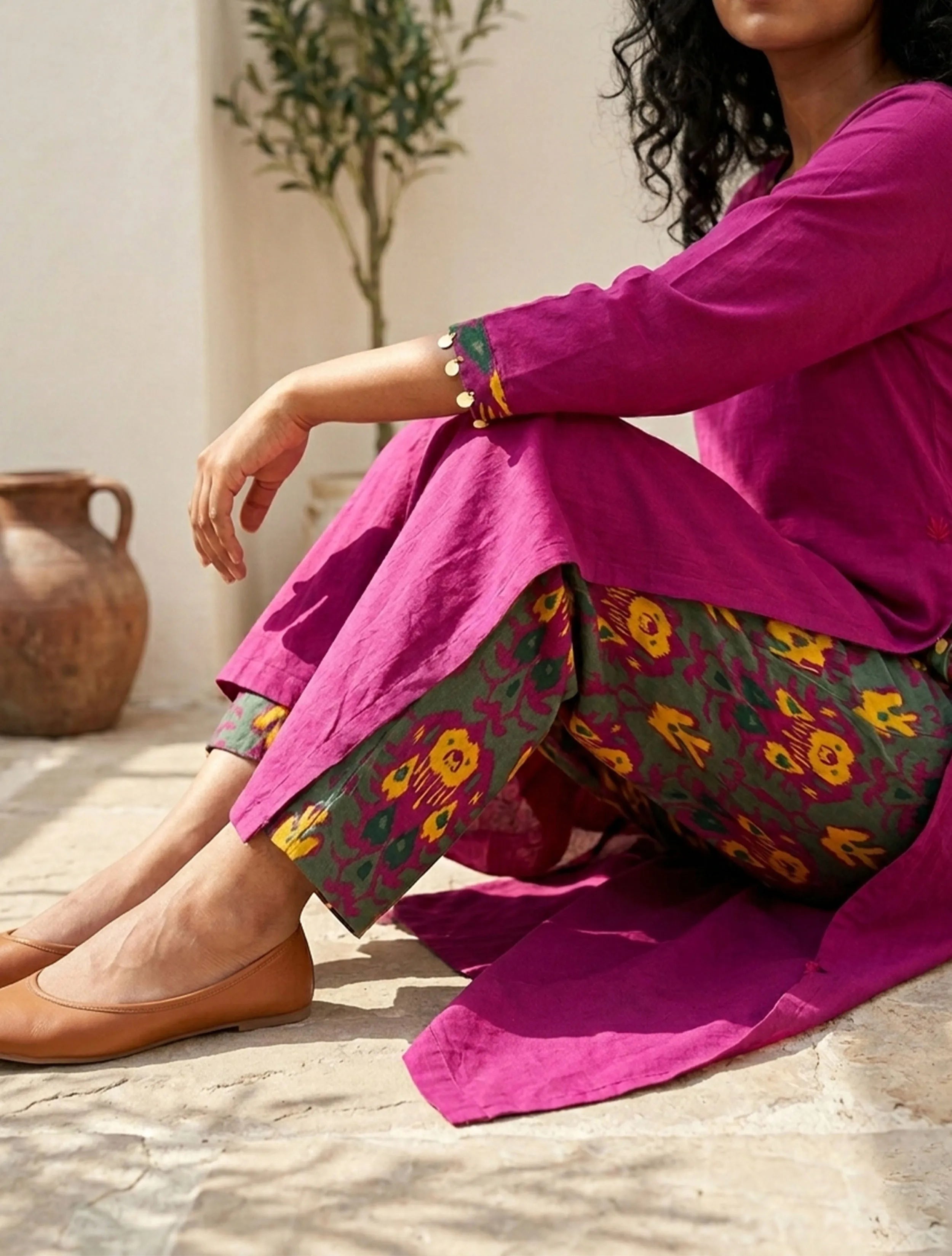 trueBrowns Magenta Cotton Straight High-Slit Kurta Set