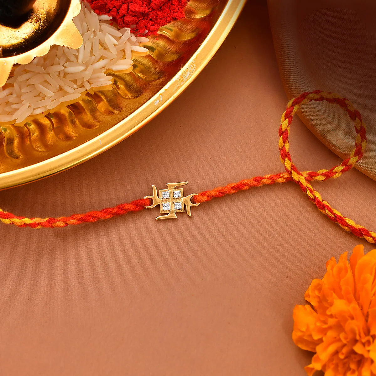 trueBrowns 925 Sterling Silver Swastik 22k Gold Micron Plated Thread Rakhi