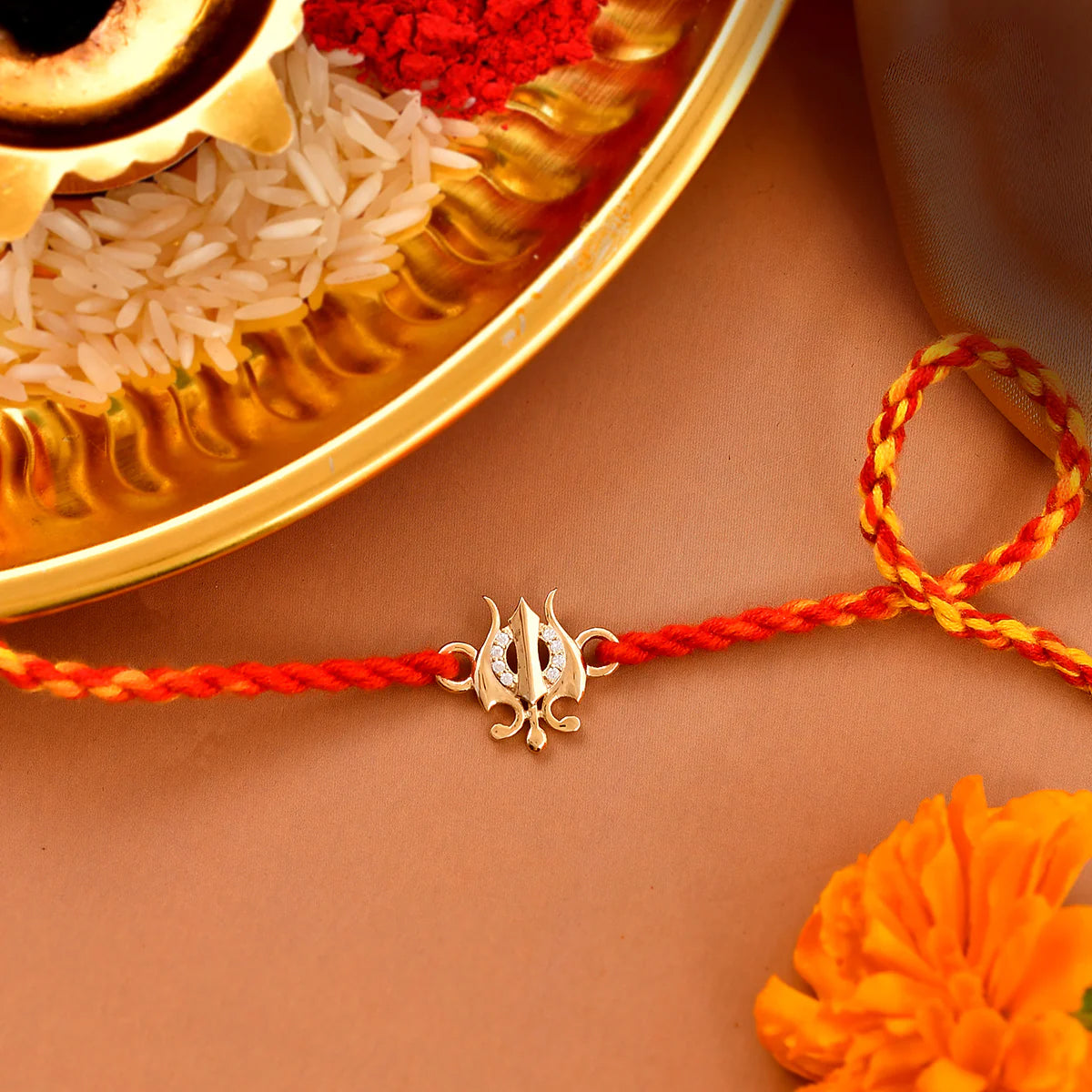 trueBrowns 925 Sterling Silver 22k Gold Micron Plated Trishul Thread Rakhi