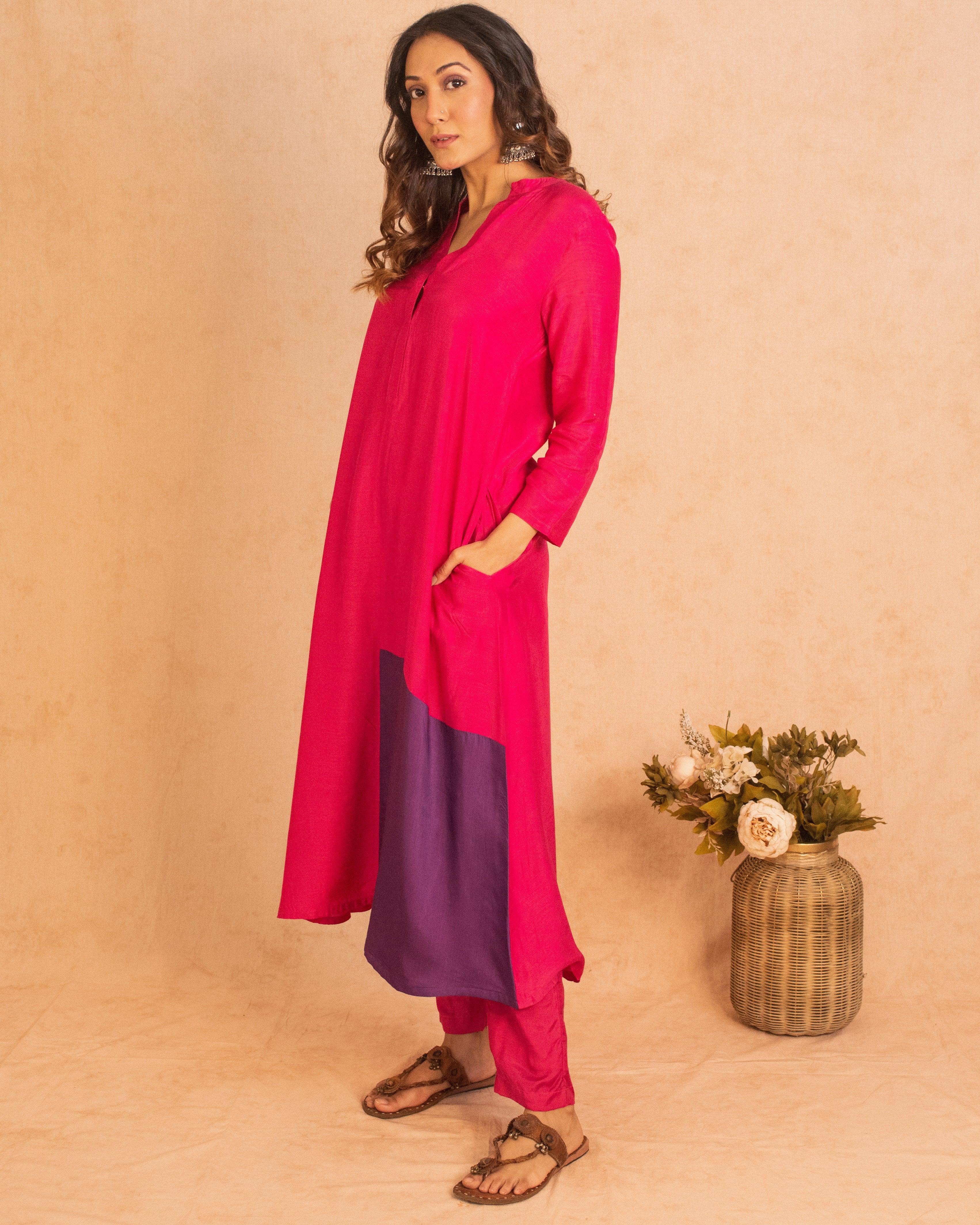 Silk Pink Patched Flared Kurta Pant Set - trueBrowns
