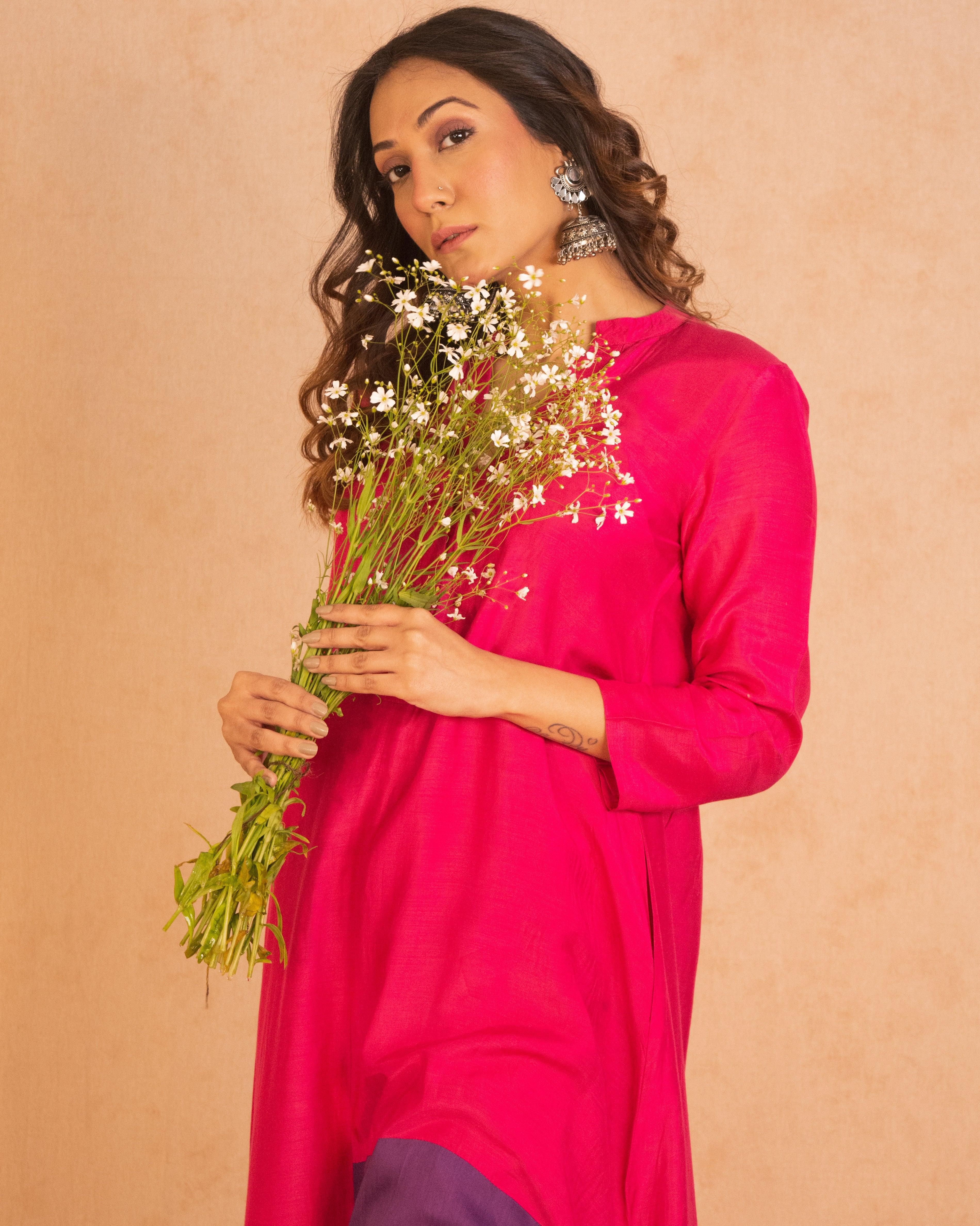 Silk Pink Patched Flared Kurta Pant Set - trueBrowns