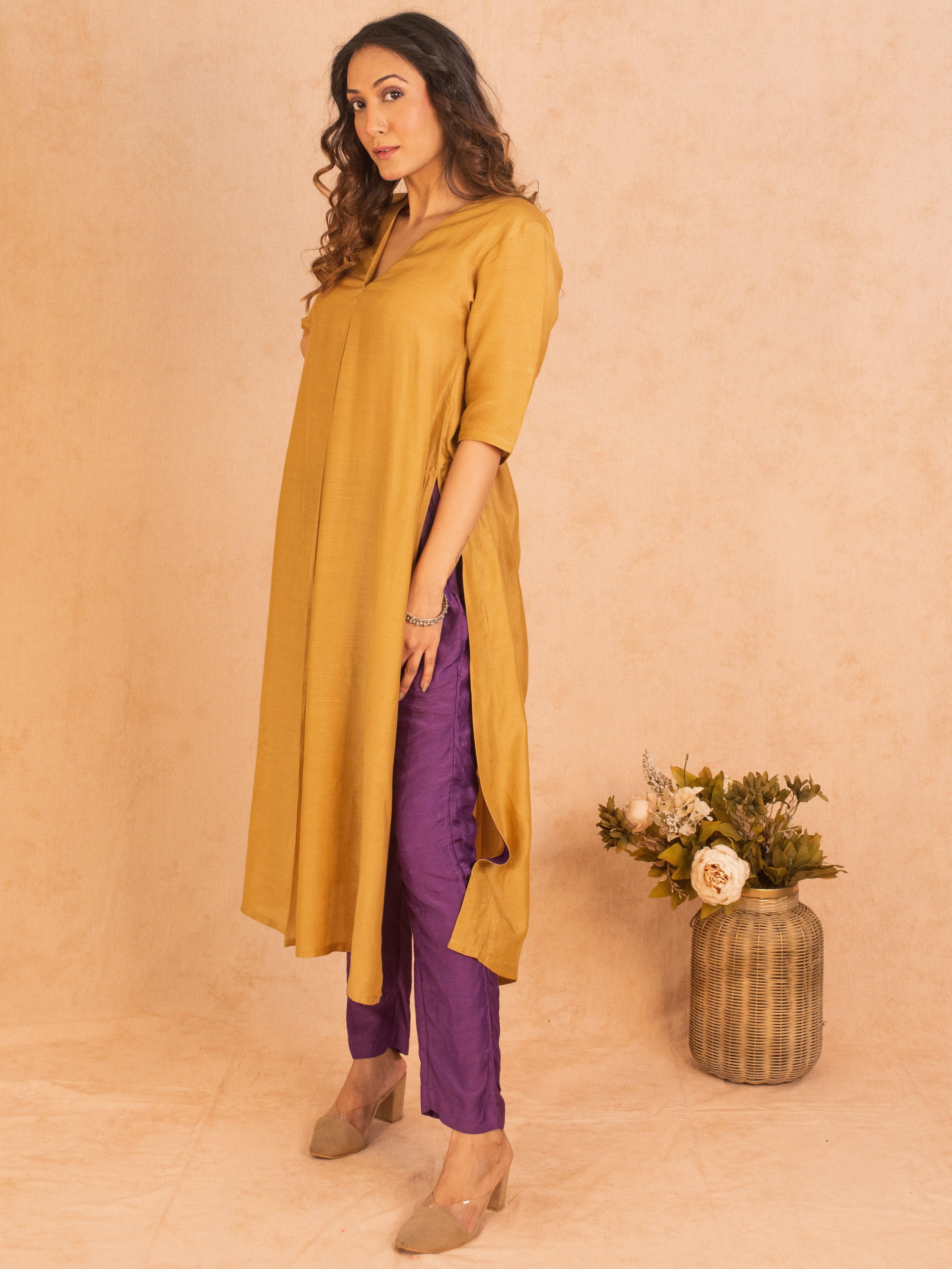 Silk Gold Slit Kurta Pant Set - trueBrowns